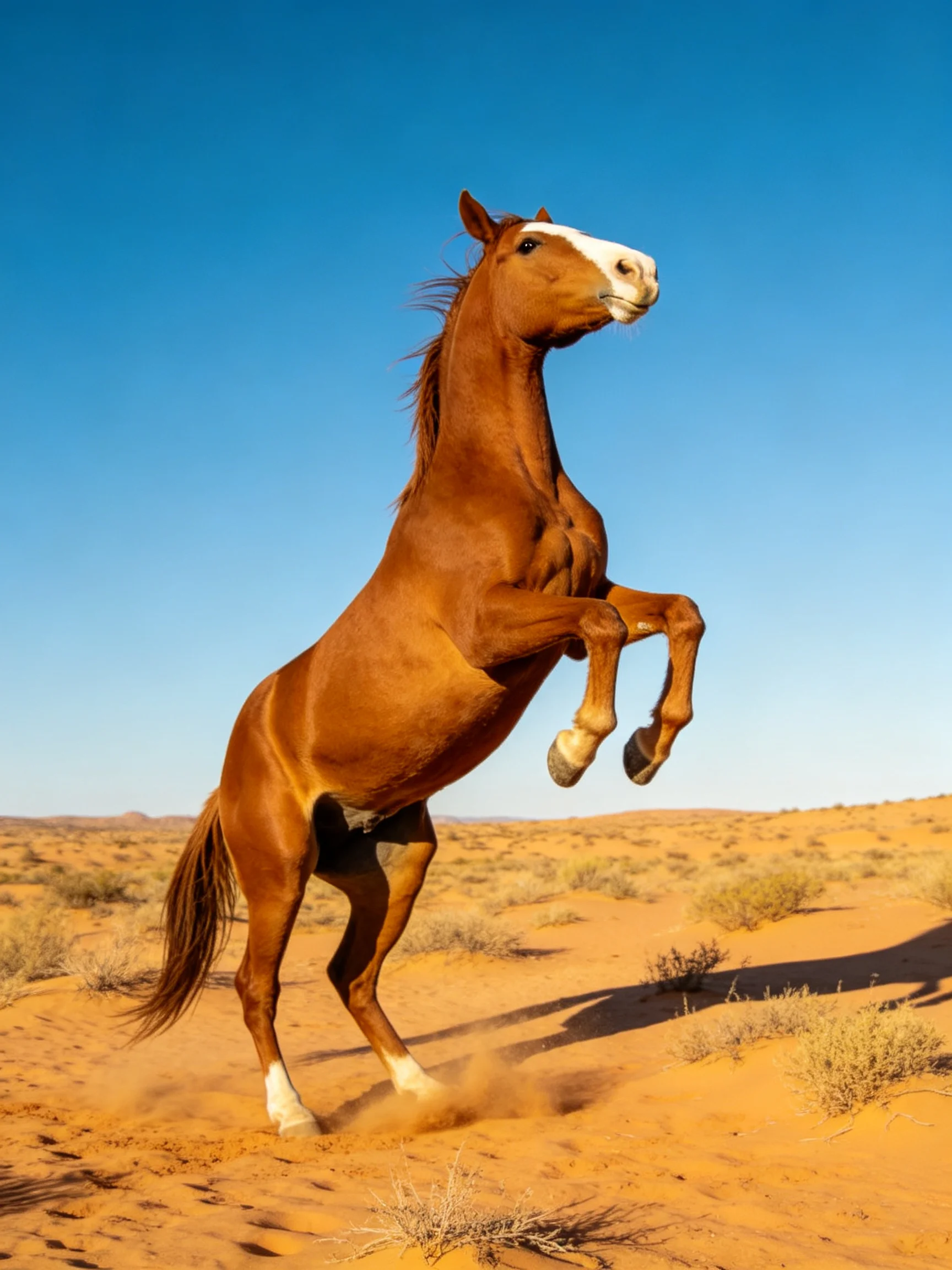 A chestnut horse rears in a sandy desert landscape