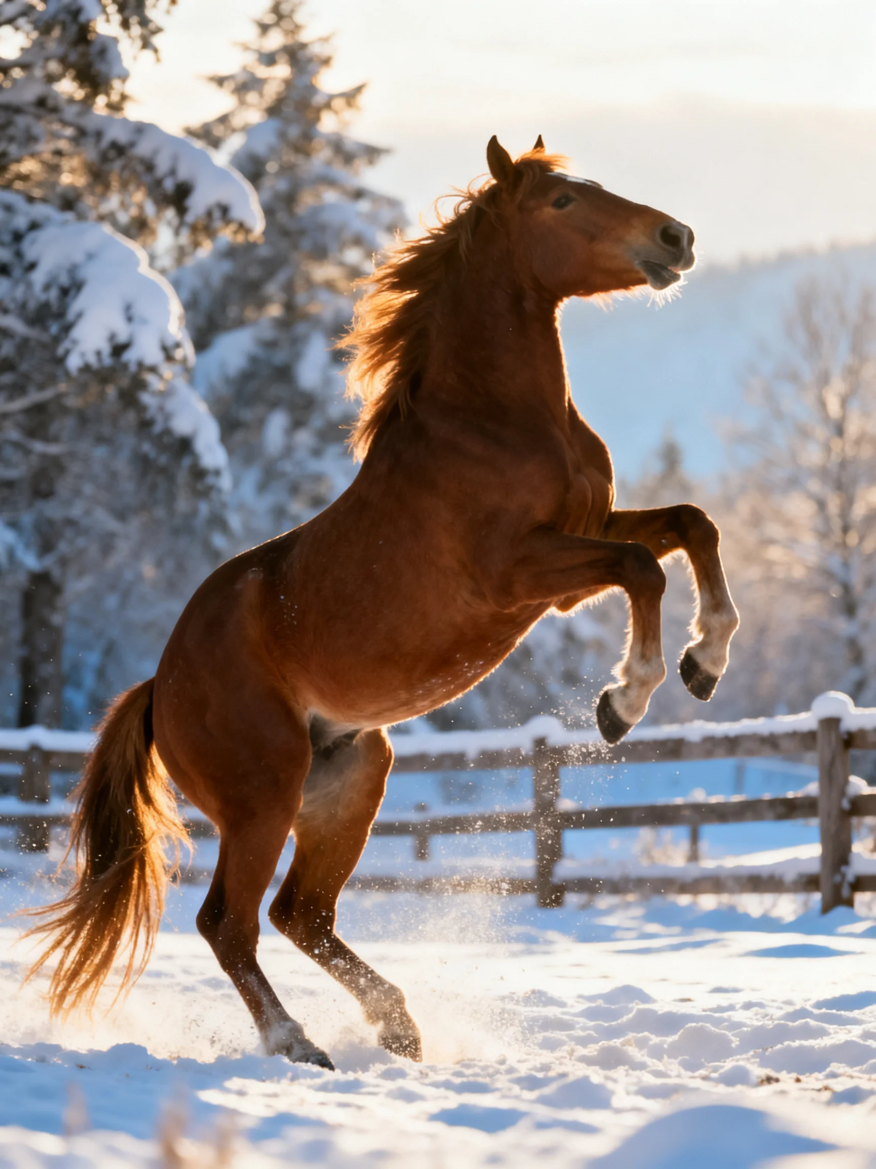 A chestnut horse rears powerfully in a snowy winter landscape