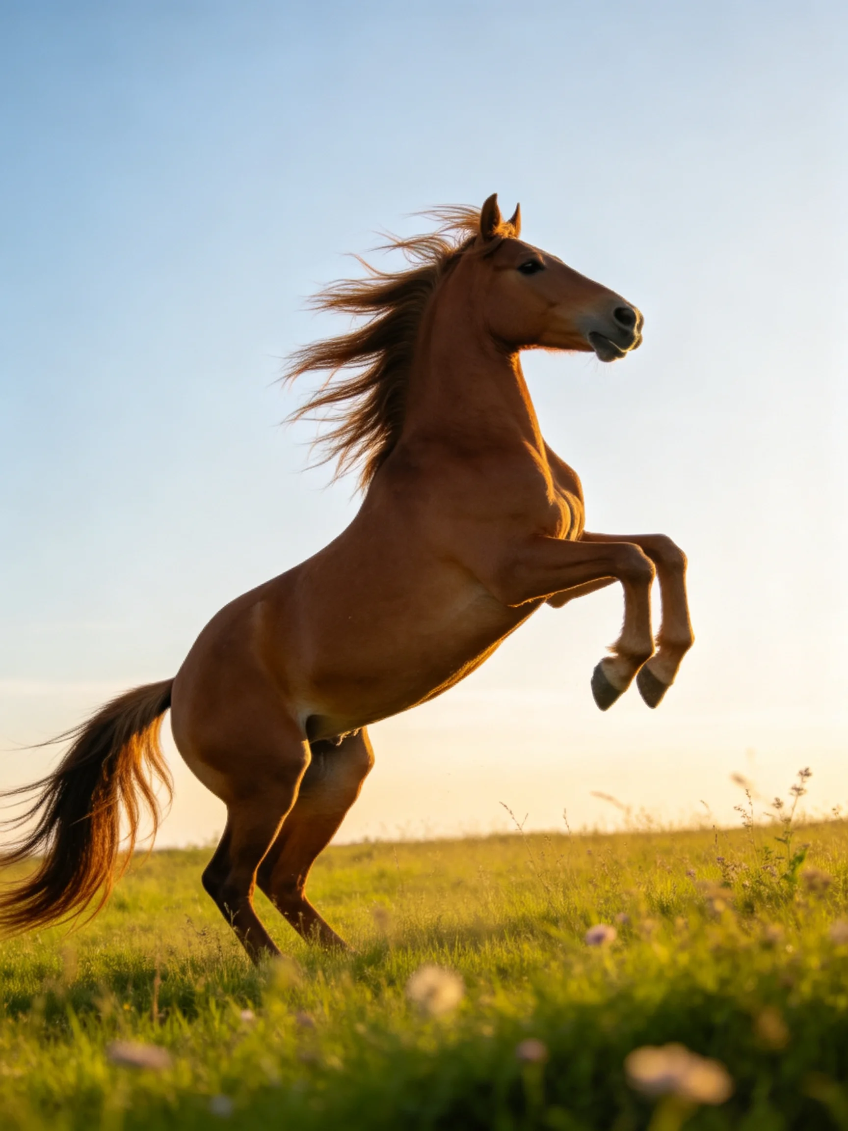 A chestnut horse rears powerfully in a sun-drenched green pasture