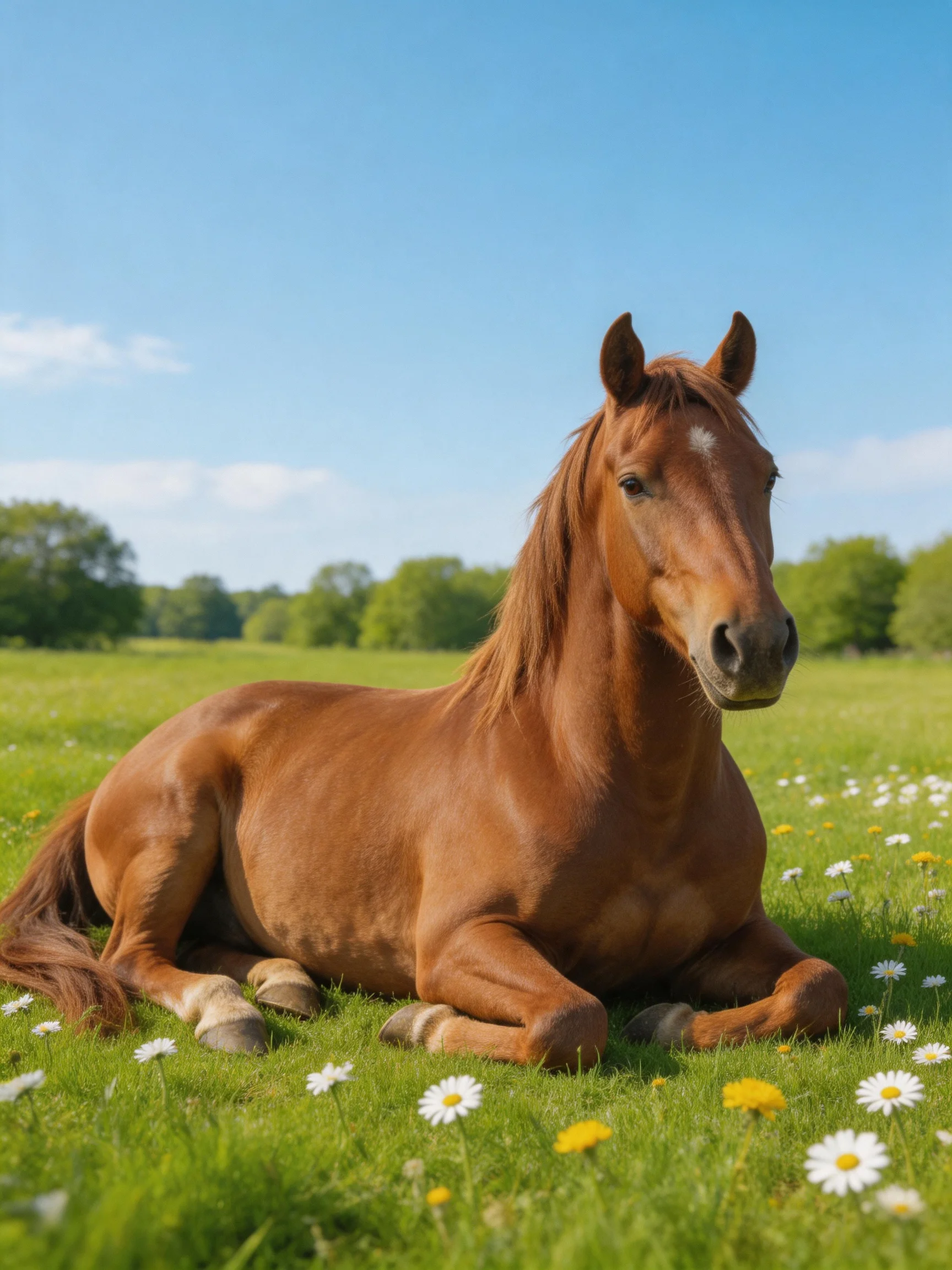 A chestnut horse reclines in a flower-dotted meadow beneath a bright blue sky