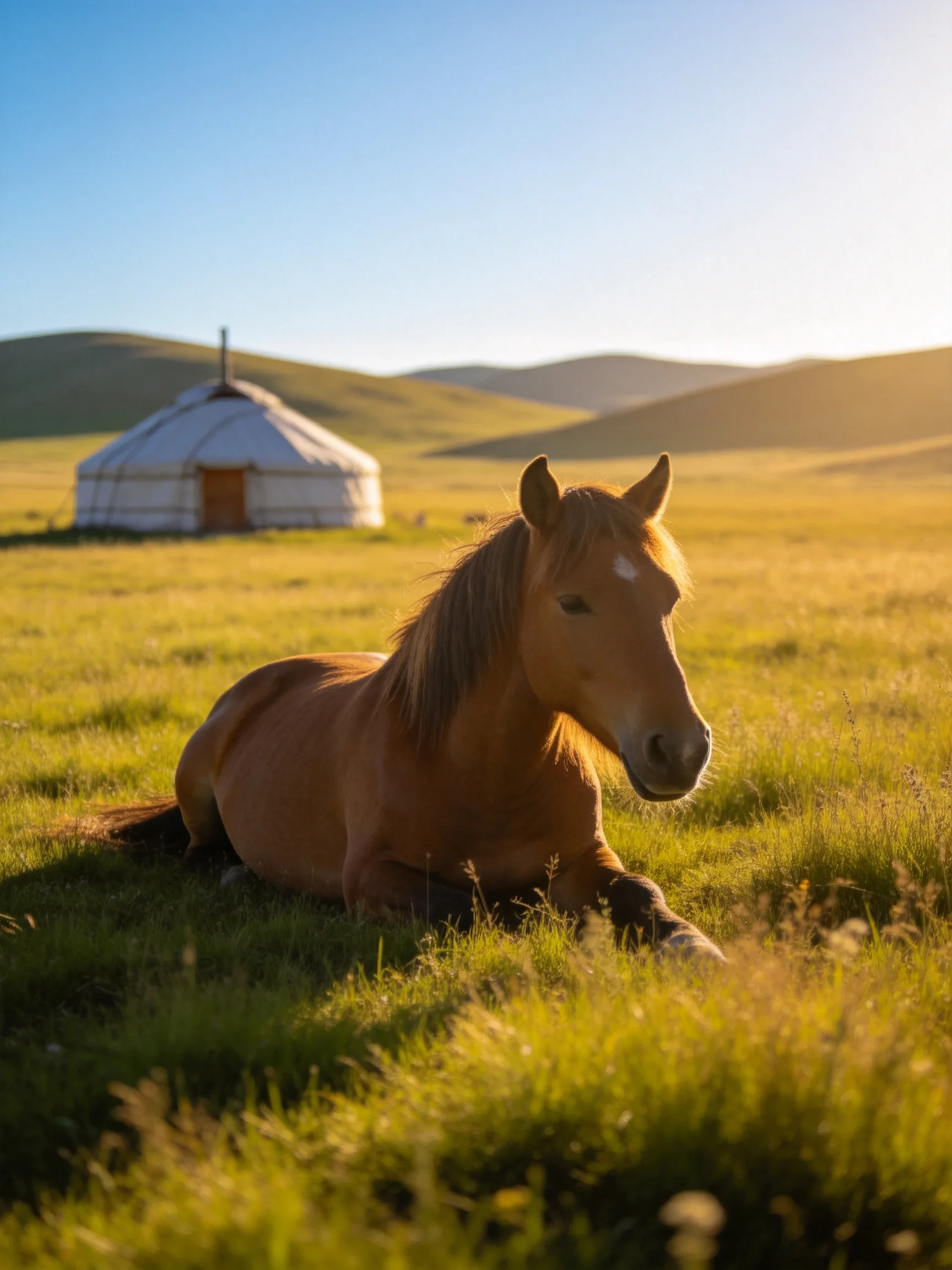 A chestnut horse relaxes in a golden meadow beside a white yurt
