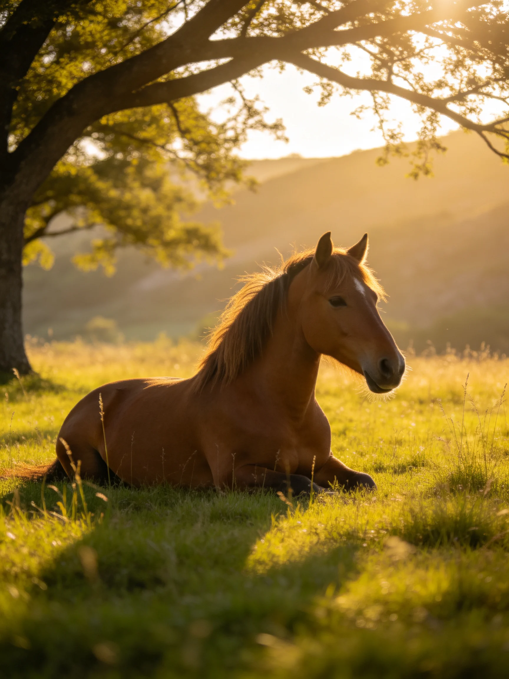 A chestnut horse rests in a sun-drenched meadow near a large tree