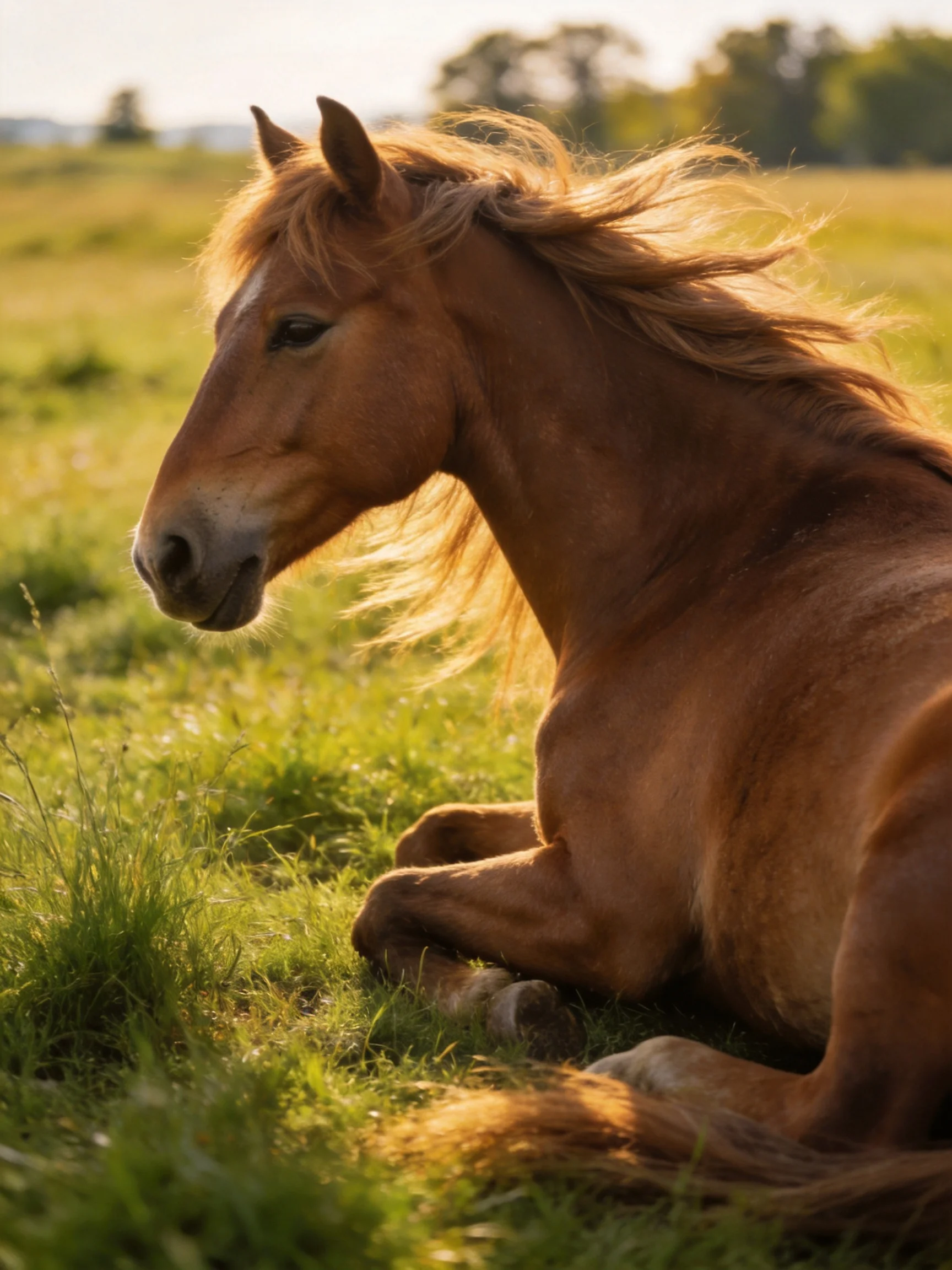 A chestnut horse rests in a sunlit green meadow