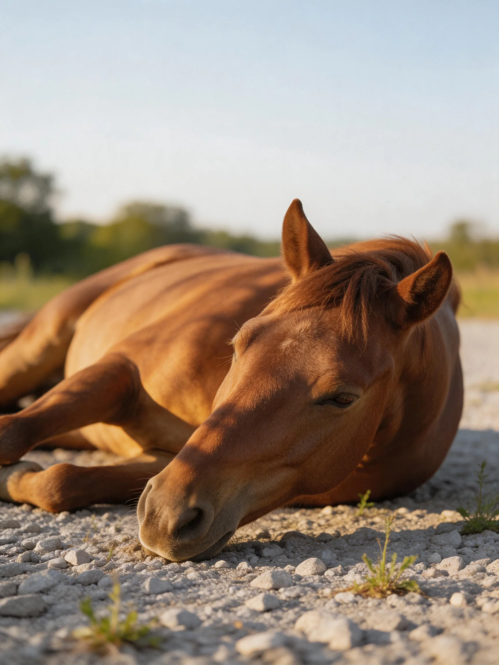 A chestnut horse rests on a gravel path with distant greenery