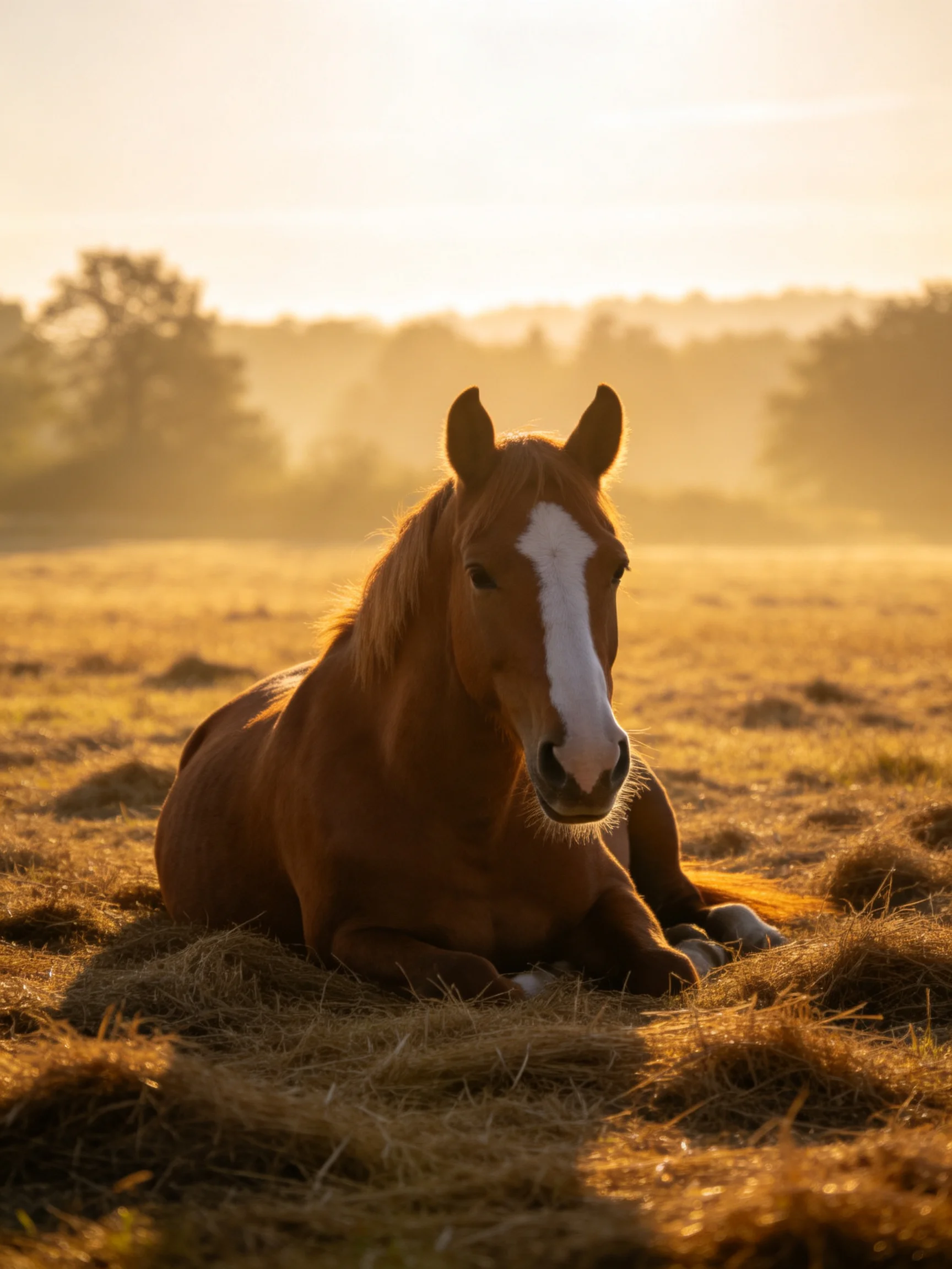 A chestnut horse lies on golden hay in a sun-drenched meadow.