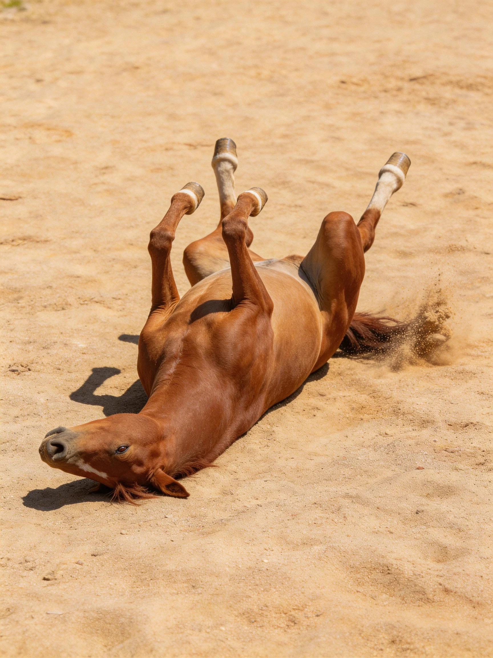 A chestnut horse rolling in golden sand, kicking up dust