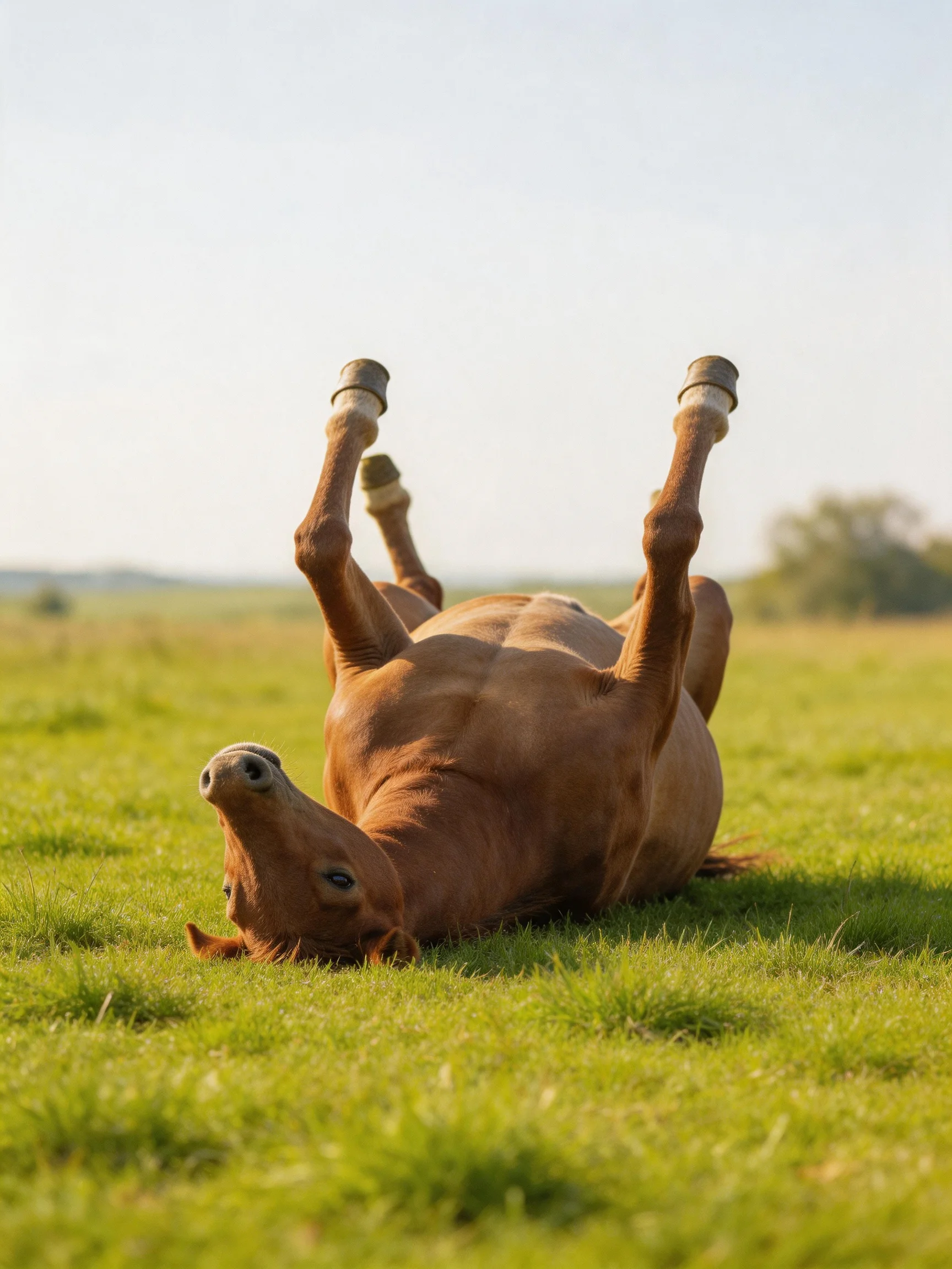 A chestnut horse rolling joyfully on sun-drenched green pasture