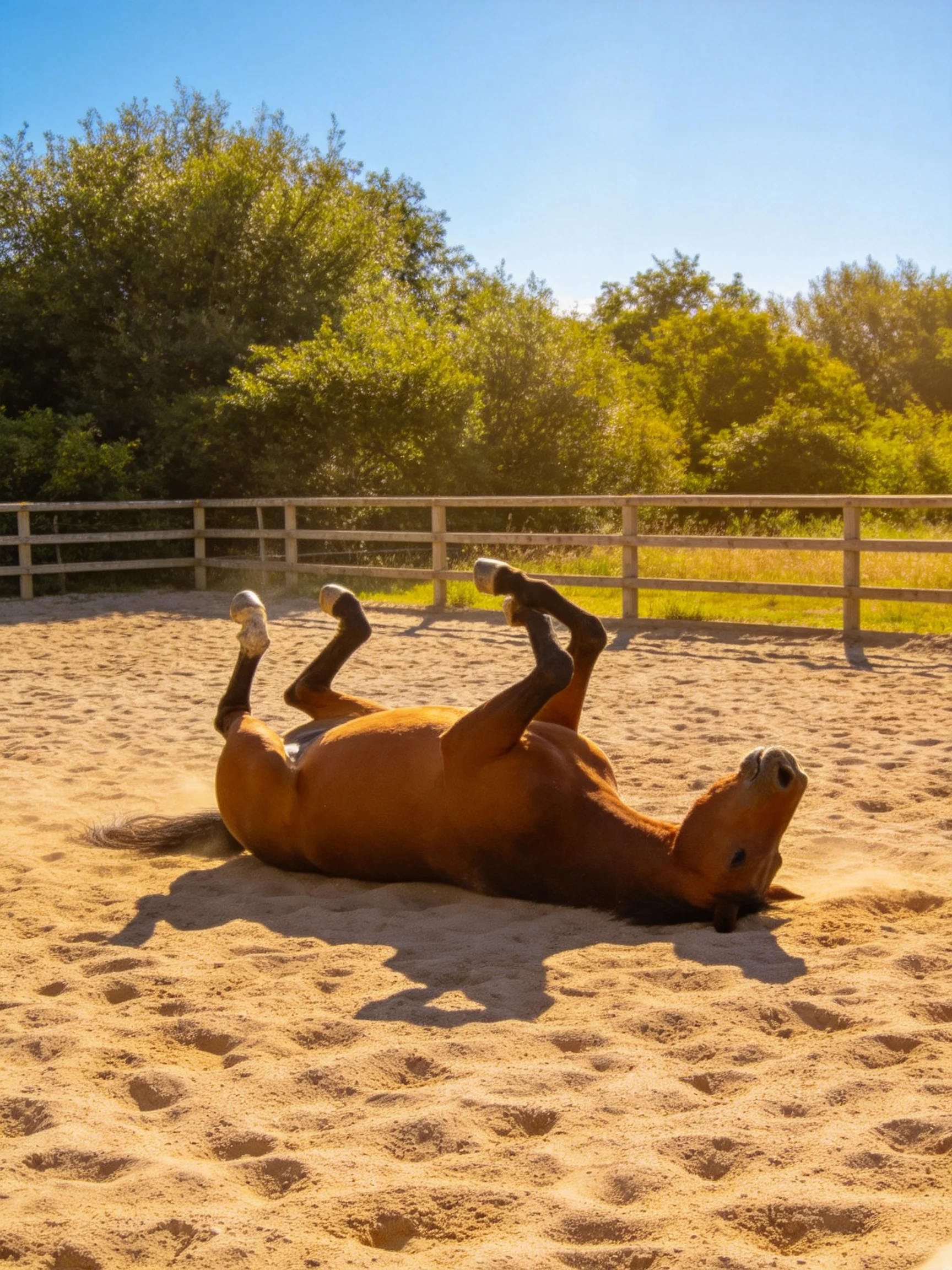 A chestnut horse rolls in a sandy enclosure under sunny sky