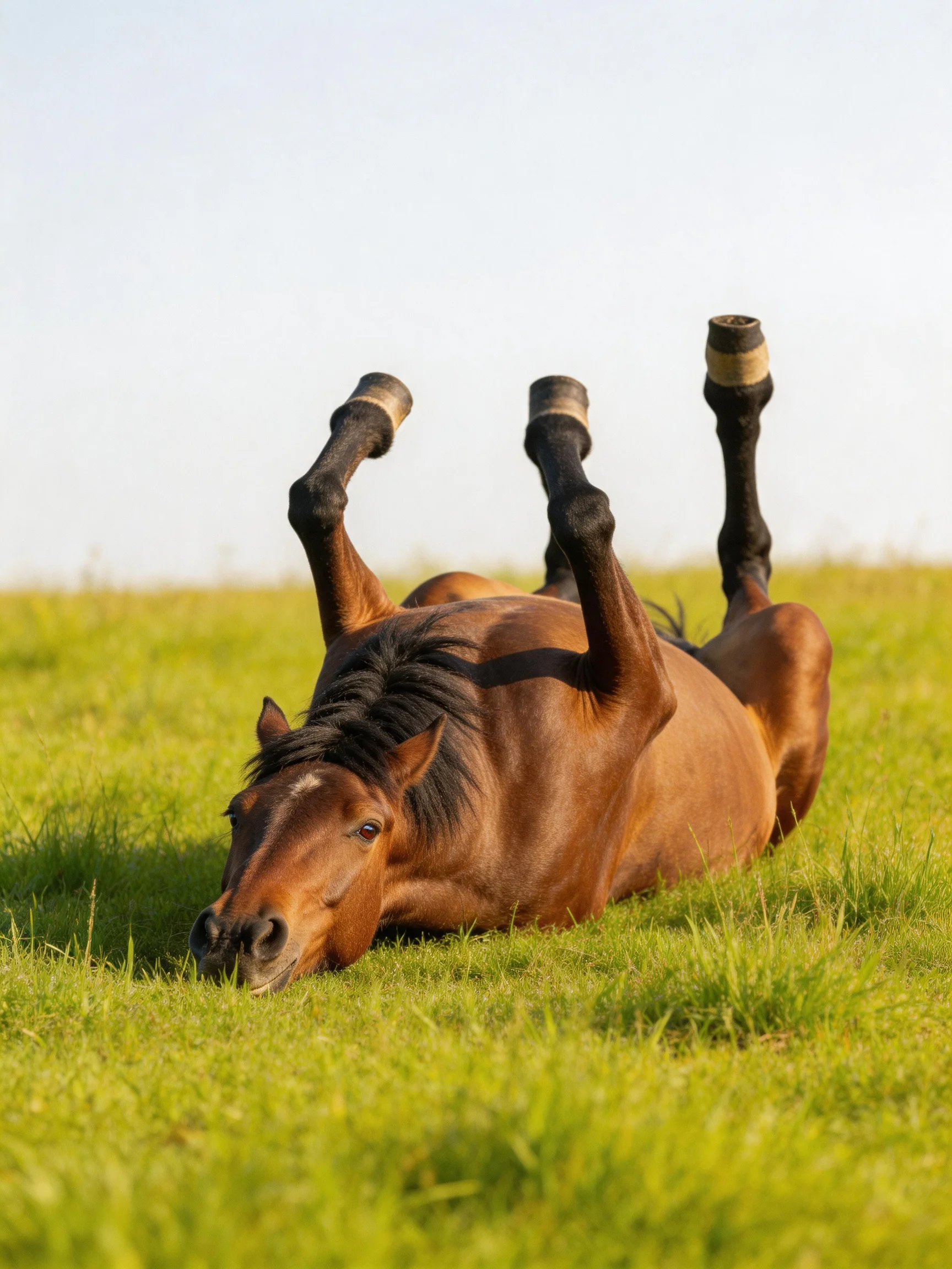 A chestnut horse rolls in a sun-drenched green meadow
