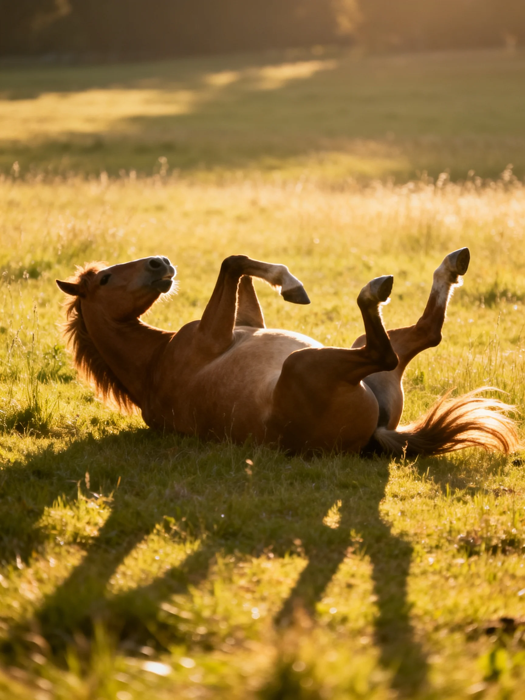 A chestnut horse rolls in a sun-drenched green meadow