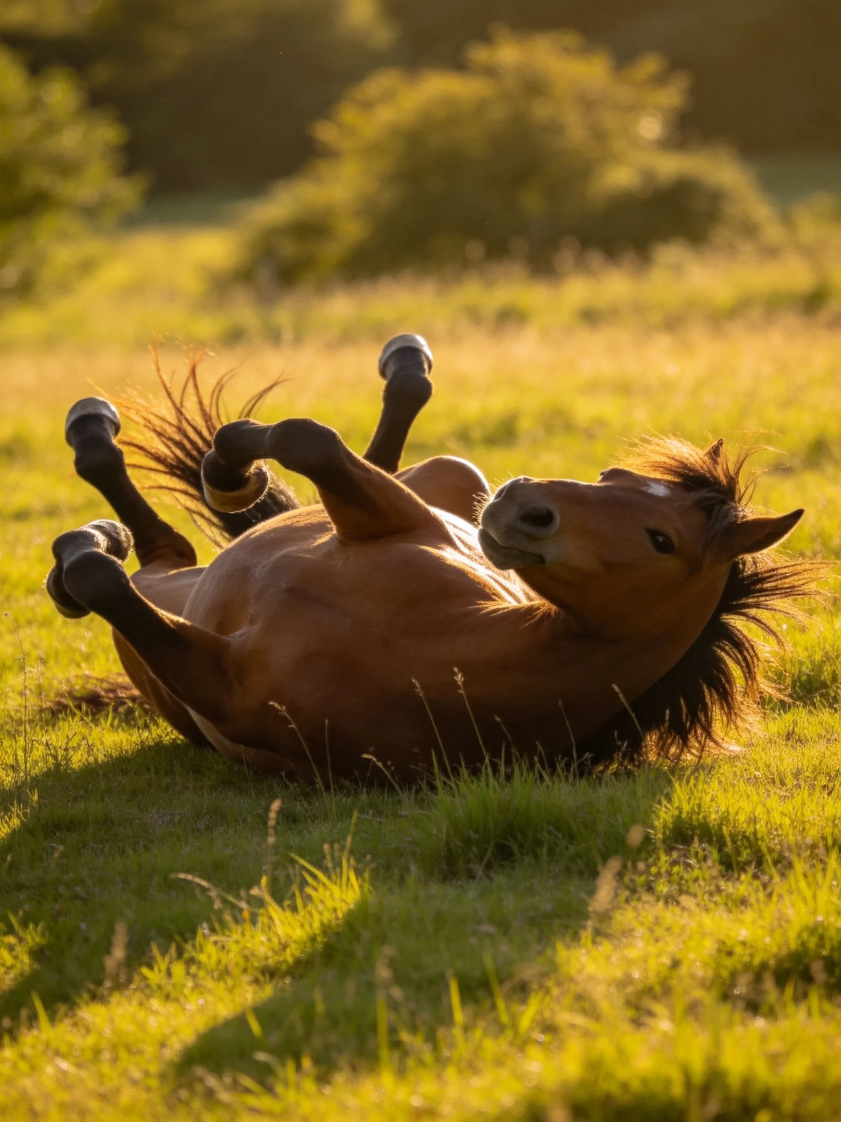 A chestnut horse rolls in a sun-drenched meadow