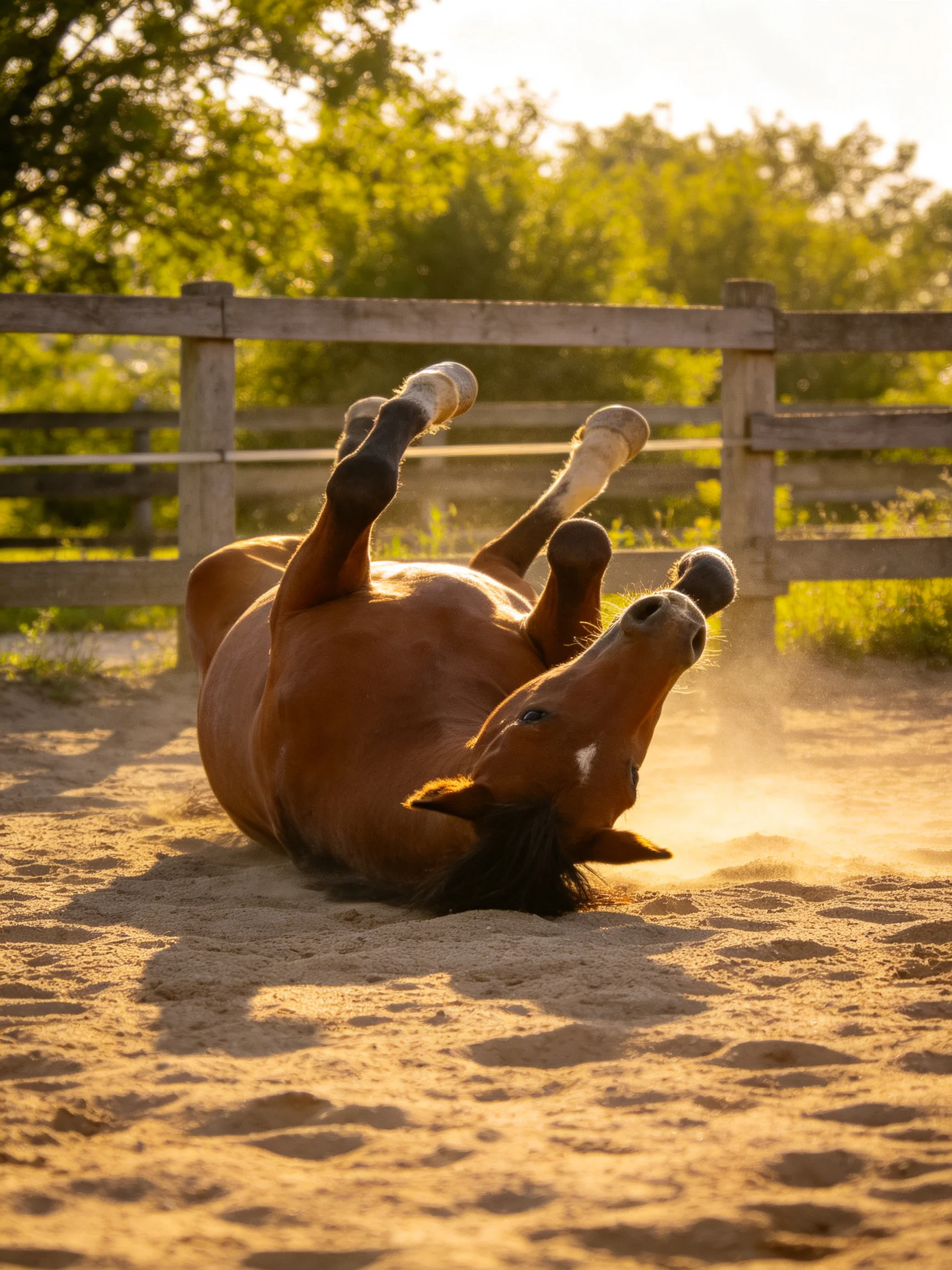 A chestnut horse rolls in golden sand near wooden fencing