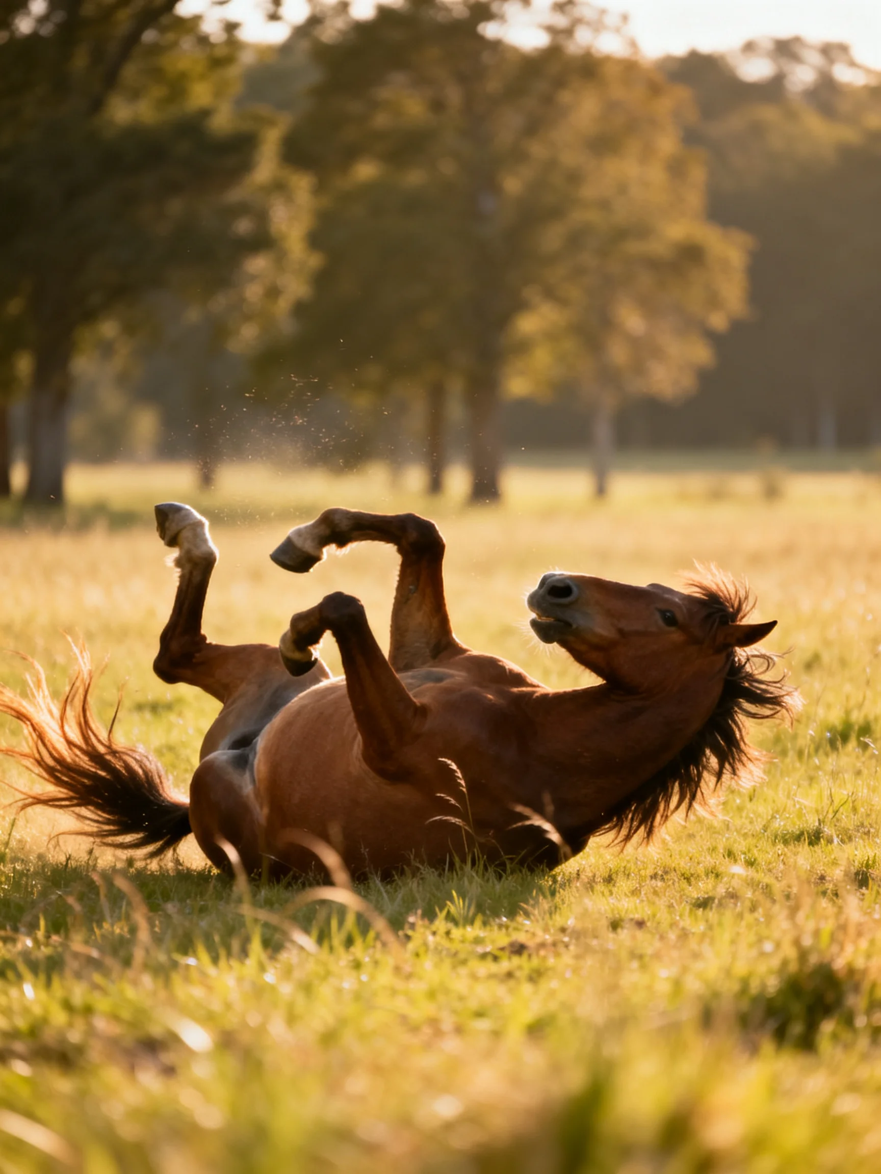 A chestnut horse rolls joyfully in a sunlit meadow