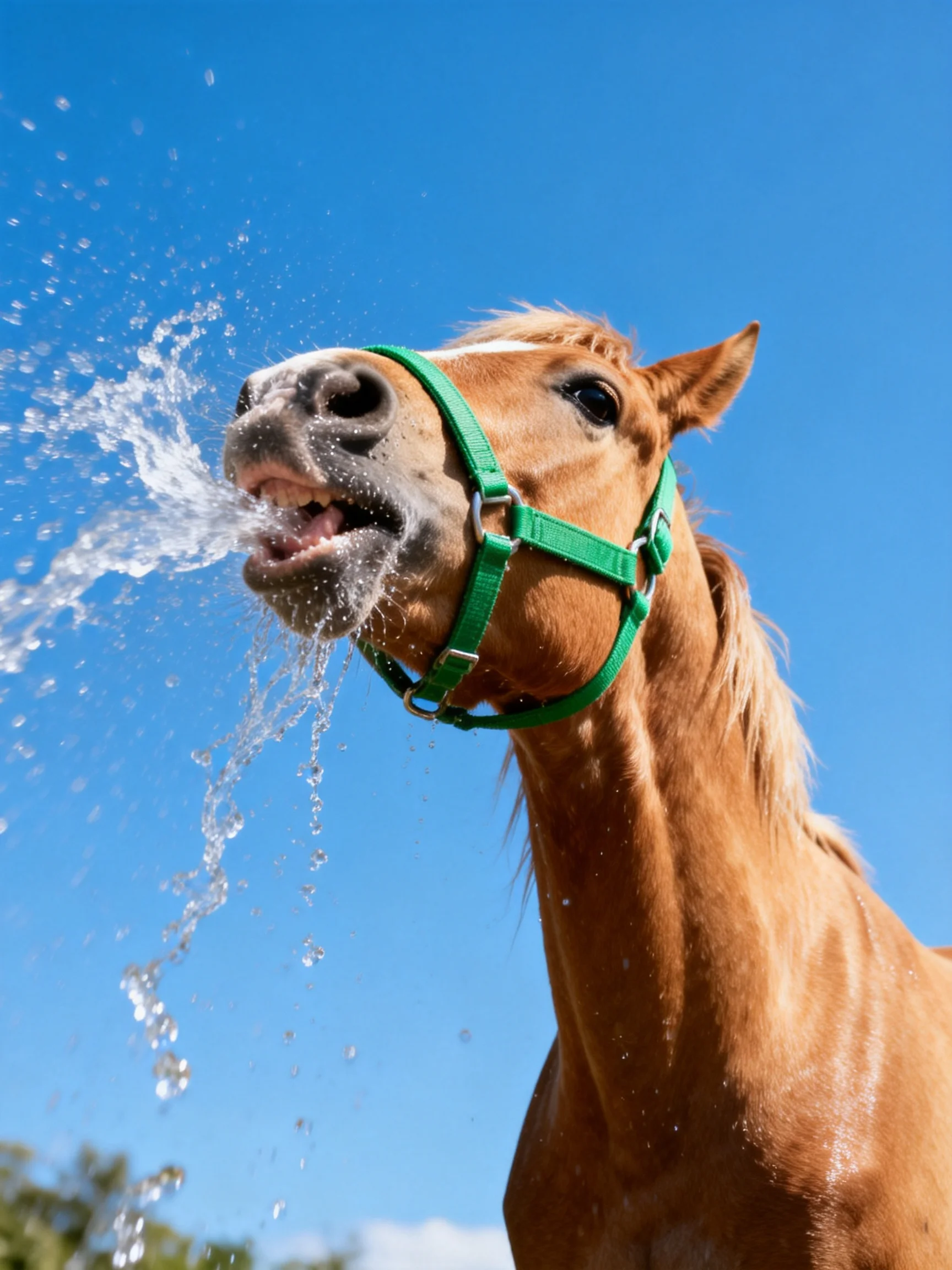 A chestnut horse sprays water with a bright green halter under a clear blue sky