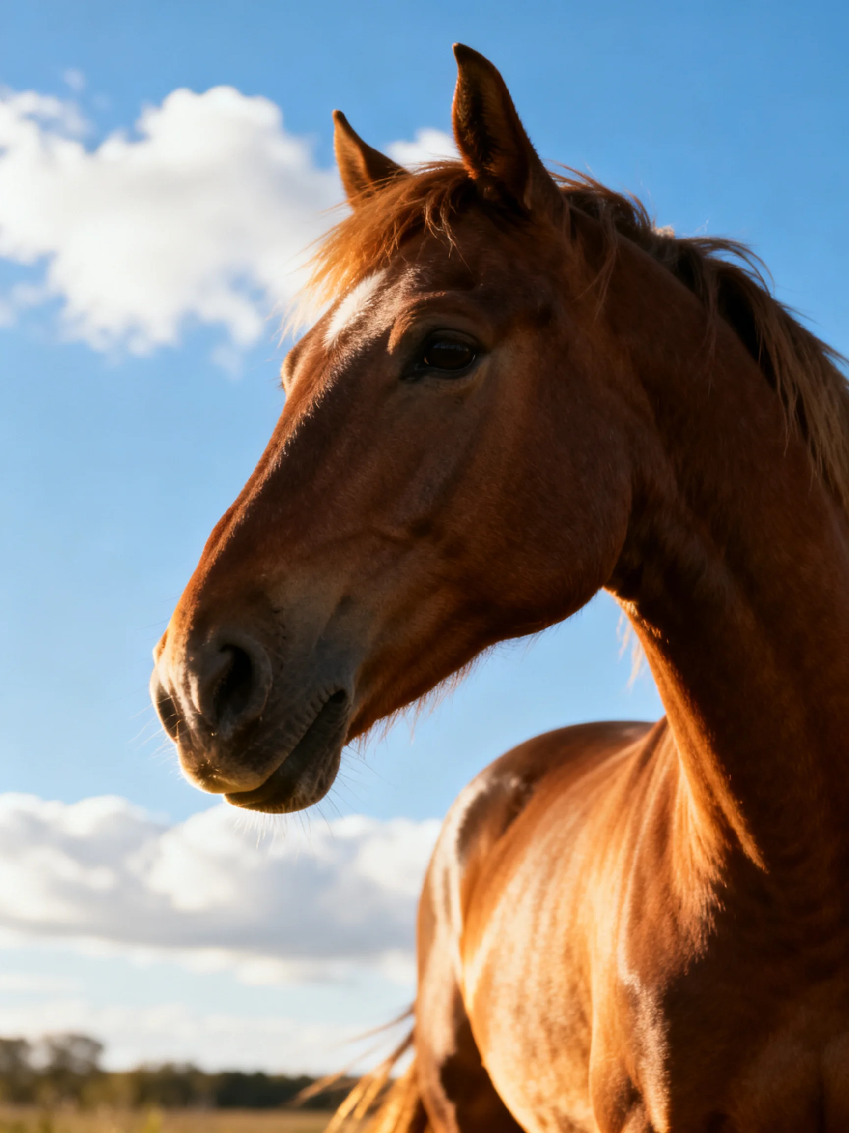 A chestnut horse stands against a bright blue sky with fluffy white clouds