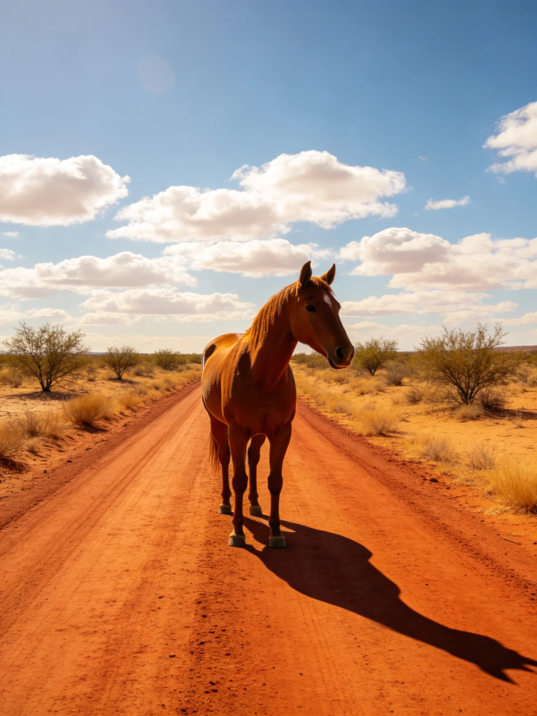 A chestnut horse stands alone on a red dirt road in a desert-like area