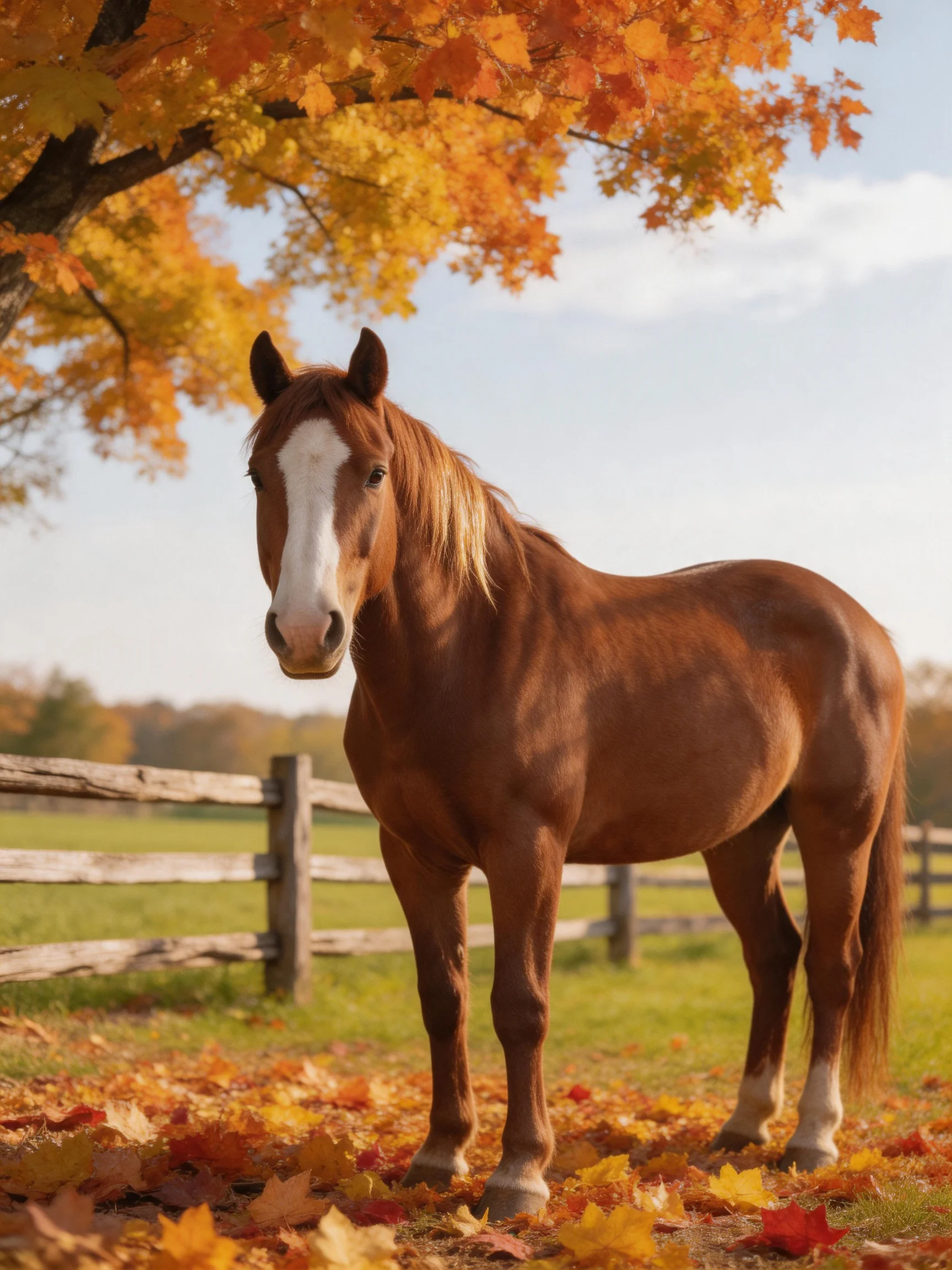 A chestnut horse stands amid autumn foliage near a wooden fence