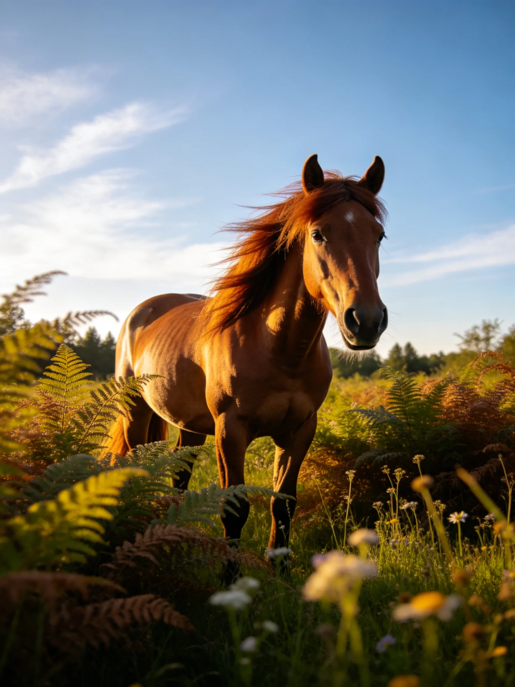 A chestnut horse stands amid lush ferns and wildflowers under a bright blue sky