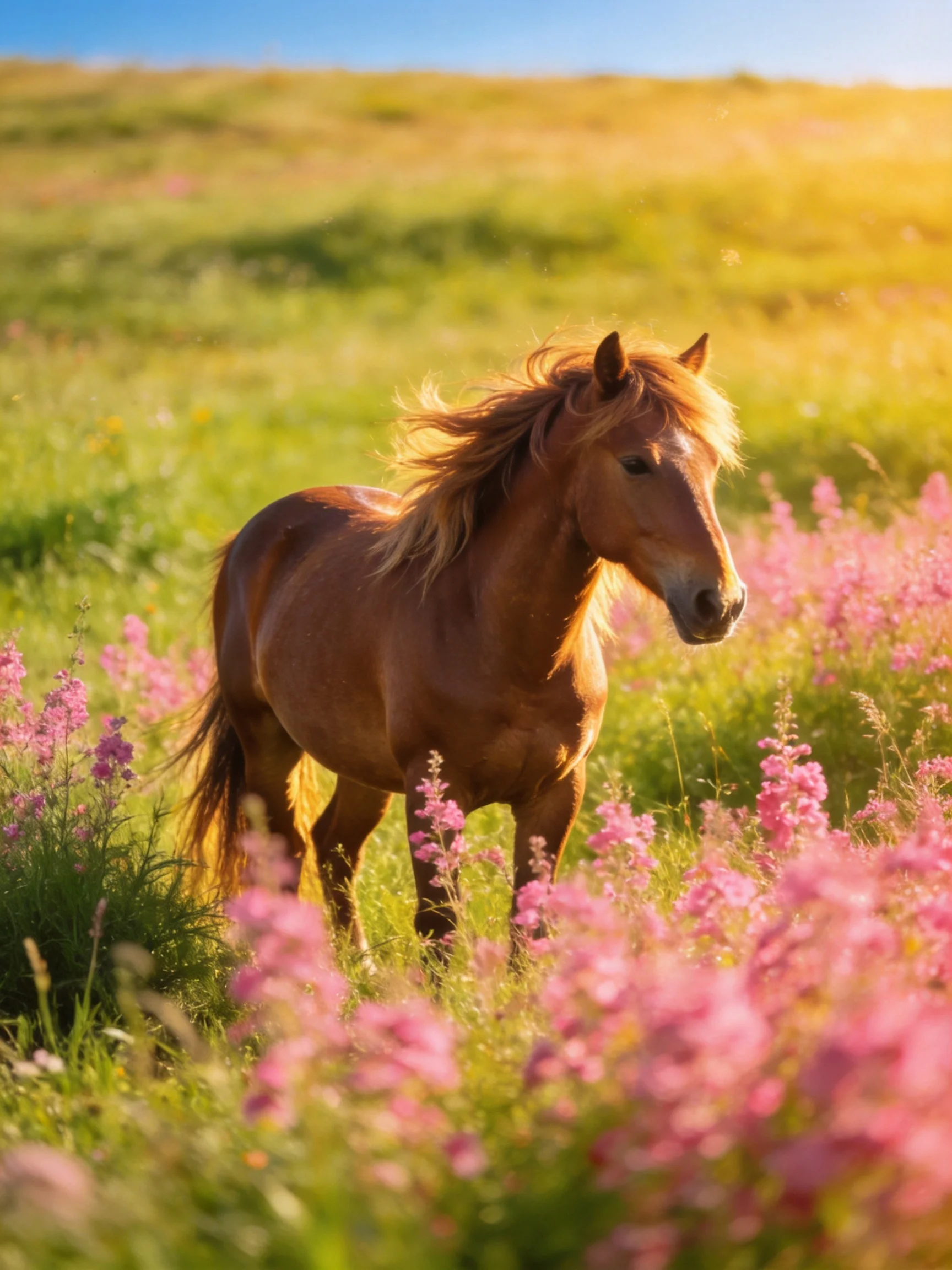 A chestnut horse stands amid vibrant pink wildflowers in a sunlit meadow