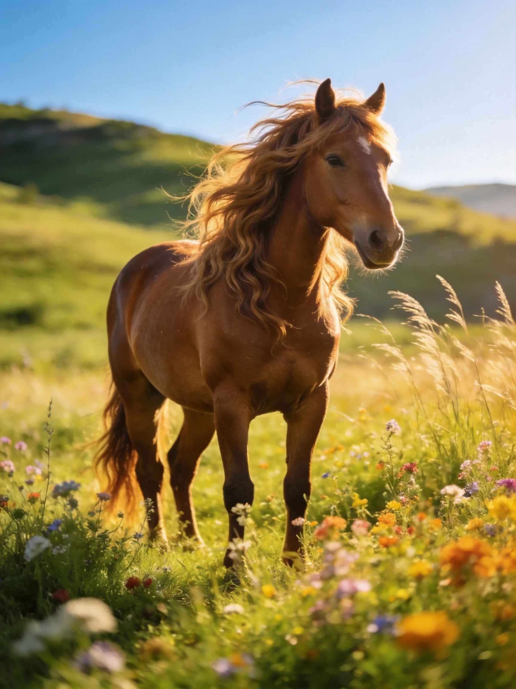 A chestnut horse stands amid vibrant wildflowers in a sunlit meadow