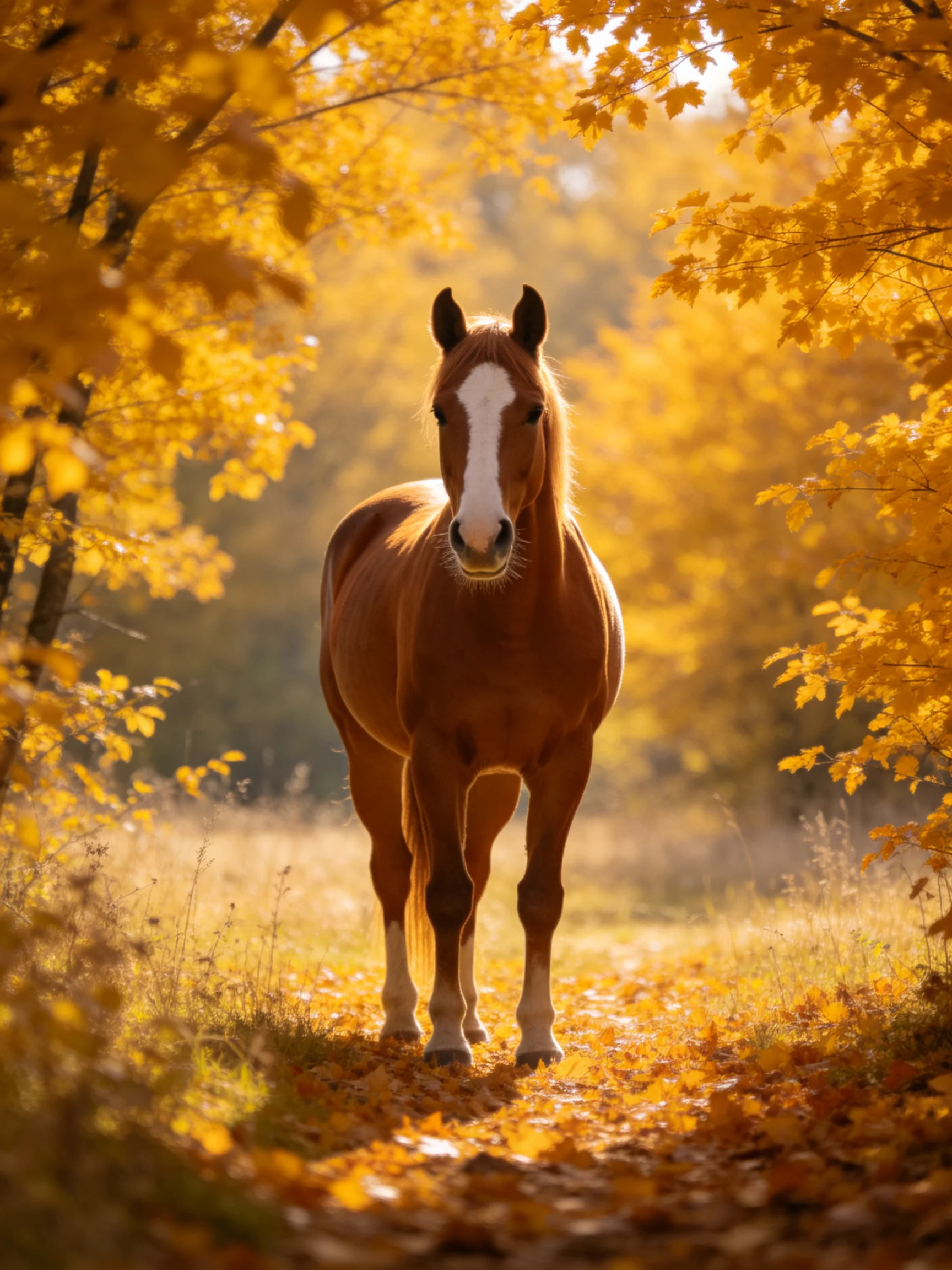 A chestnut horse stands in a sunlit autumn forest with golden foliage