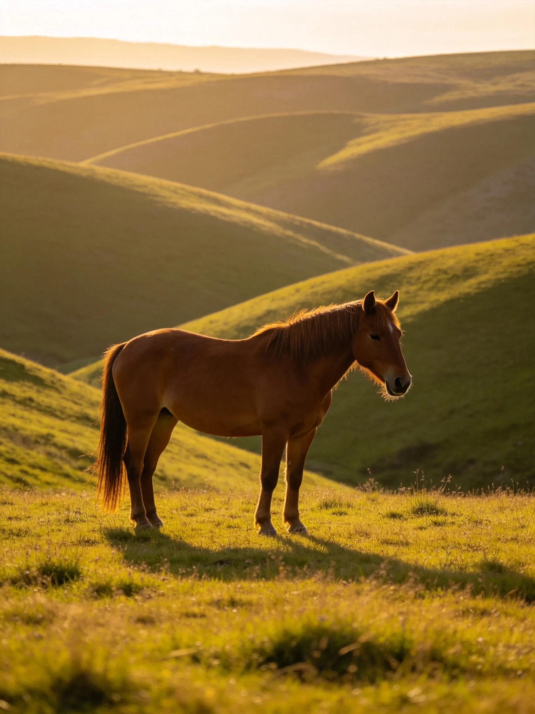 A chestnut horse stands on a grassy hillside with rolling green hills in the background.