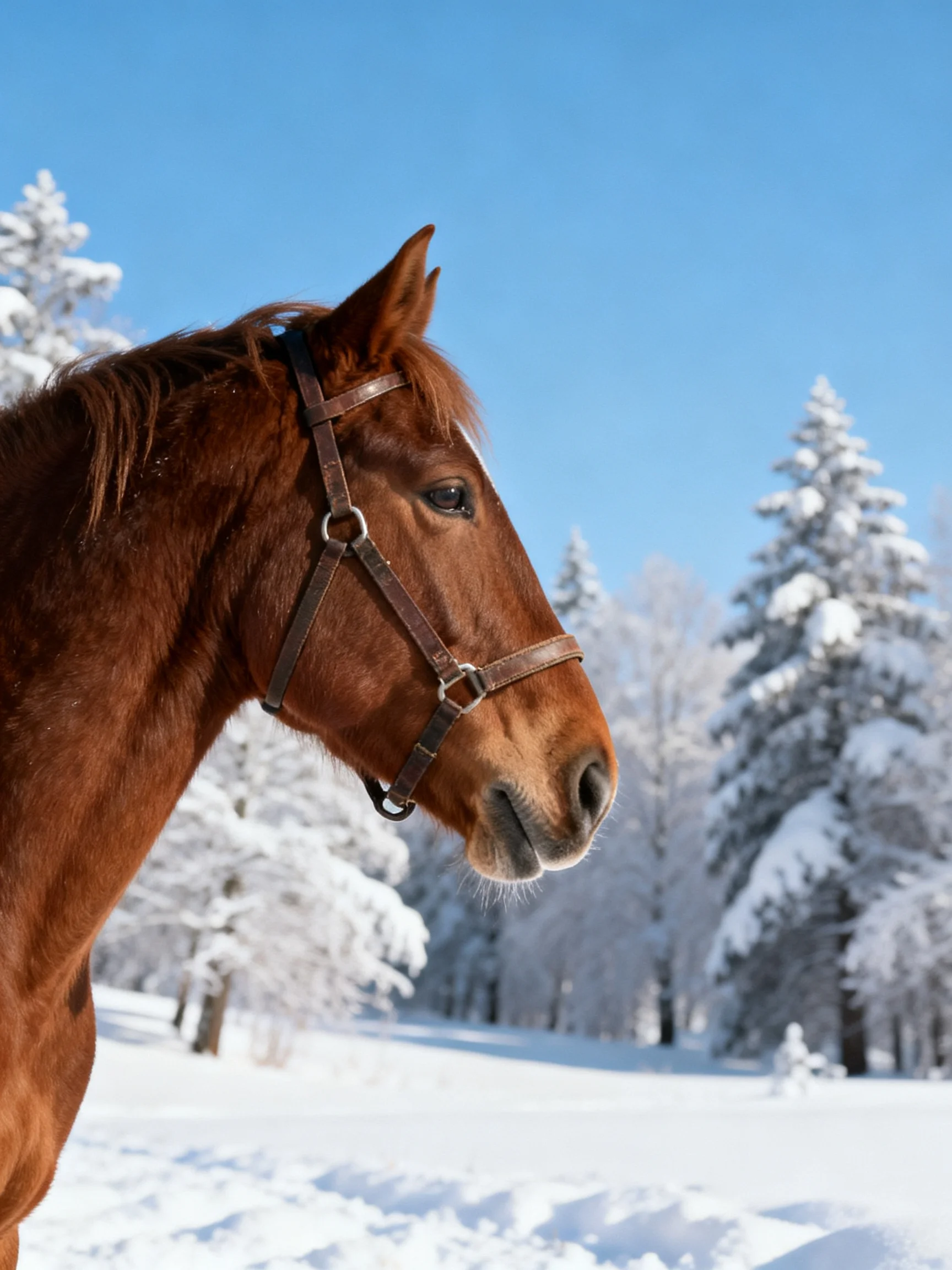 A brown horse is in a snowy area with snow-covered trees.