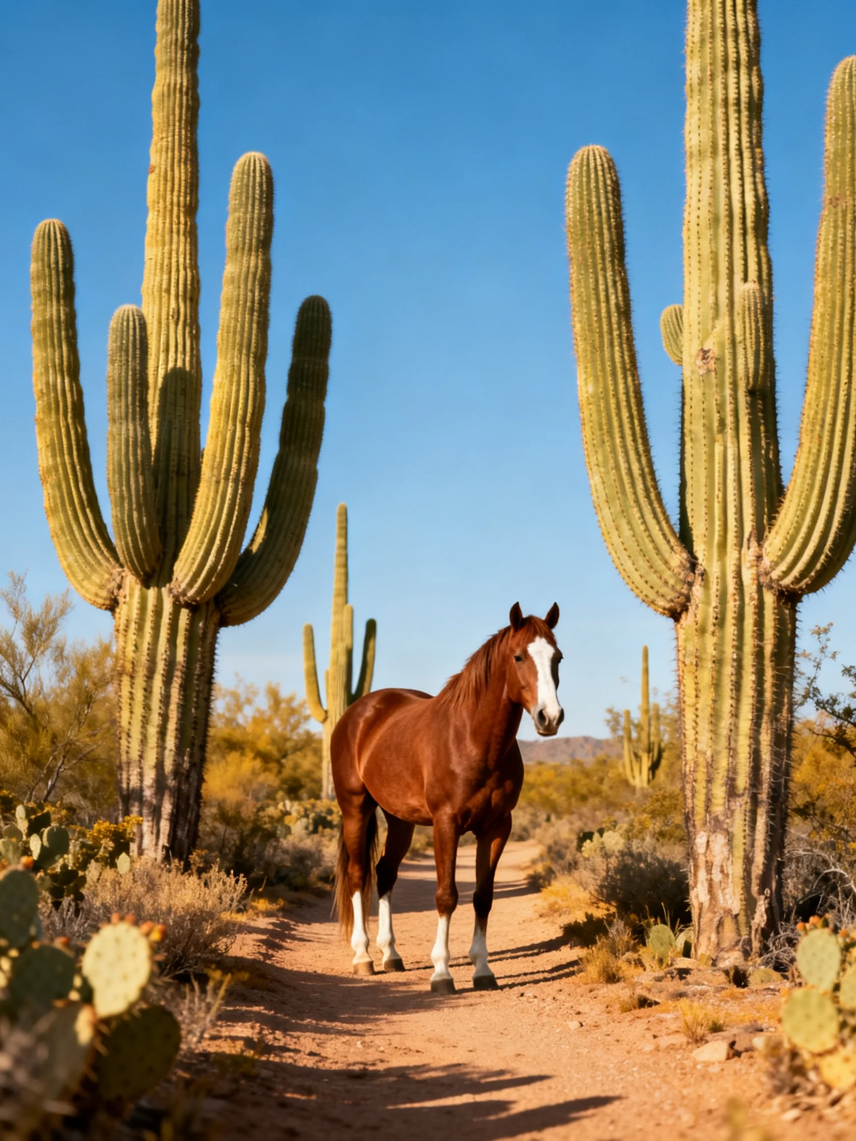A chestnut horse stands among tall green saguaros on a sunlit desert path