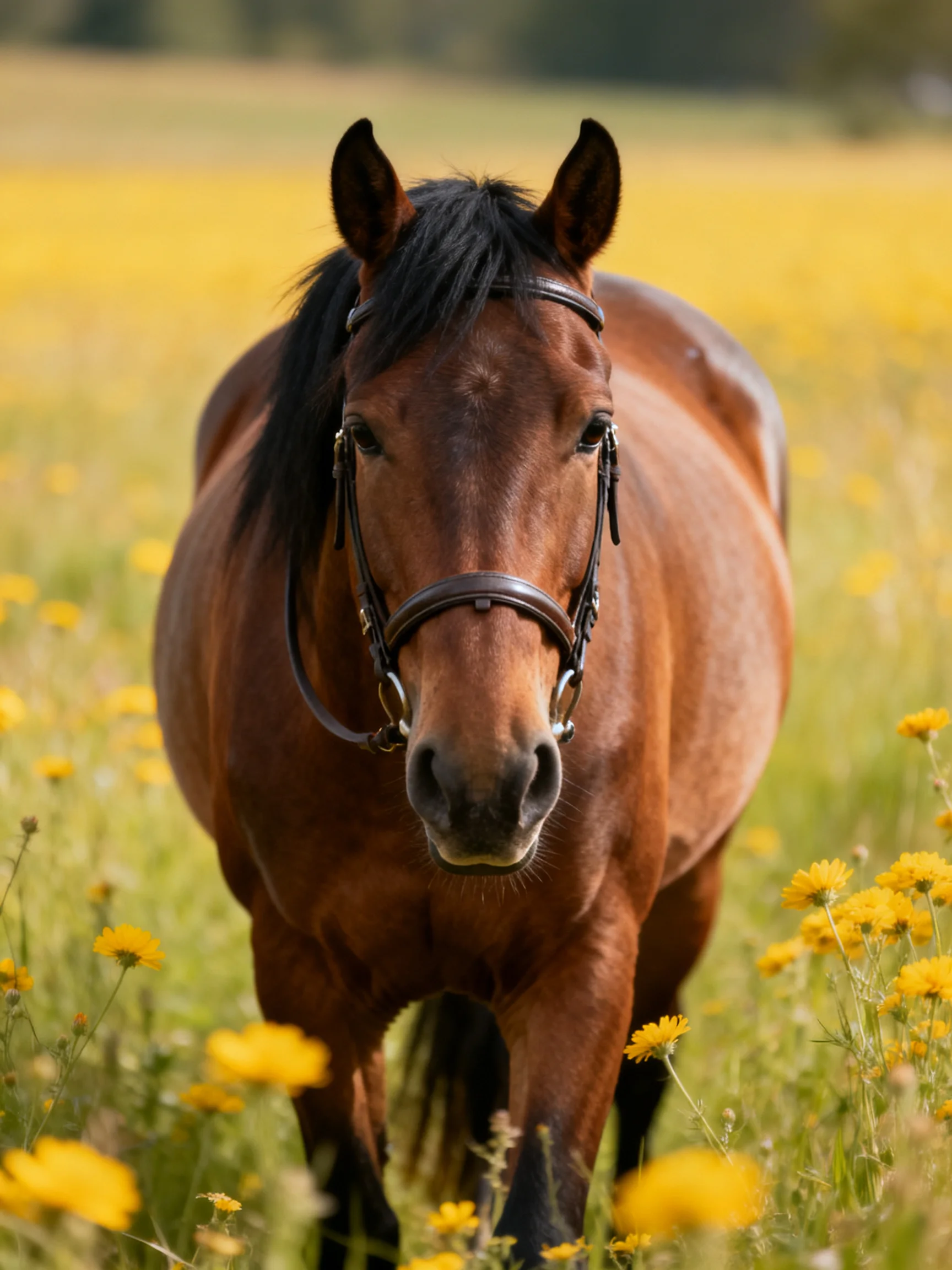 A chestnut horsestands in a field of yellow wildflowers