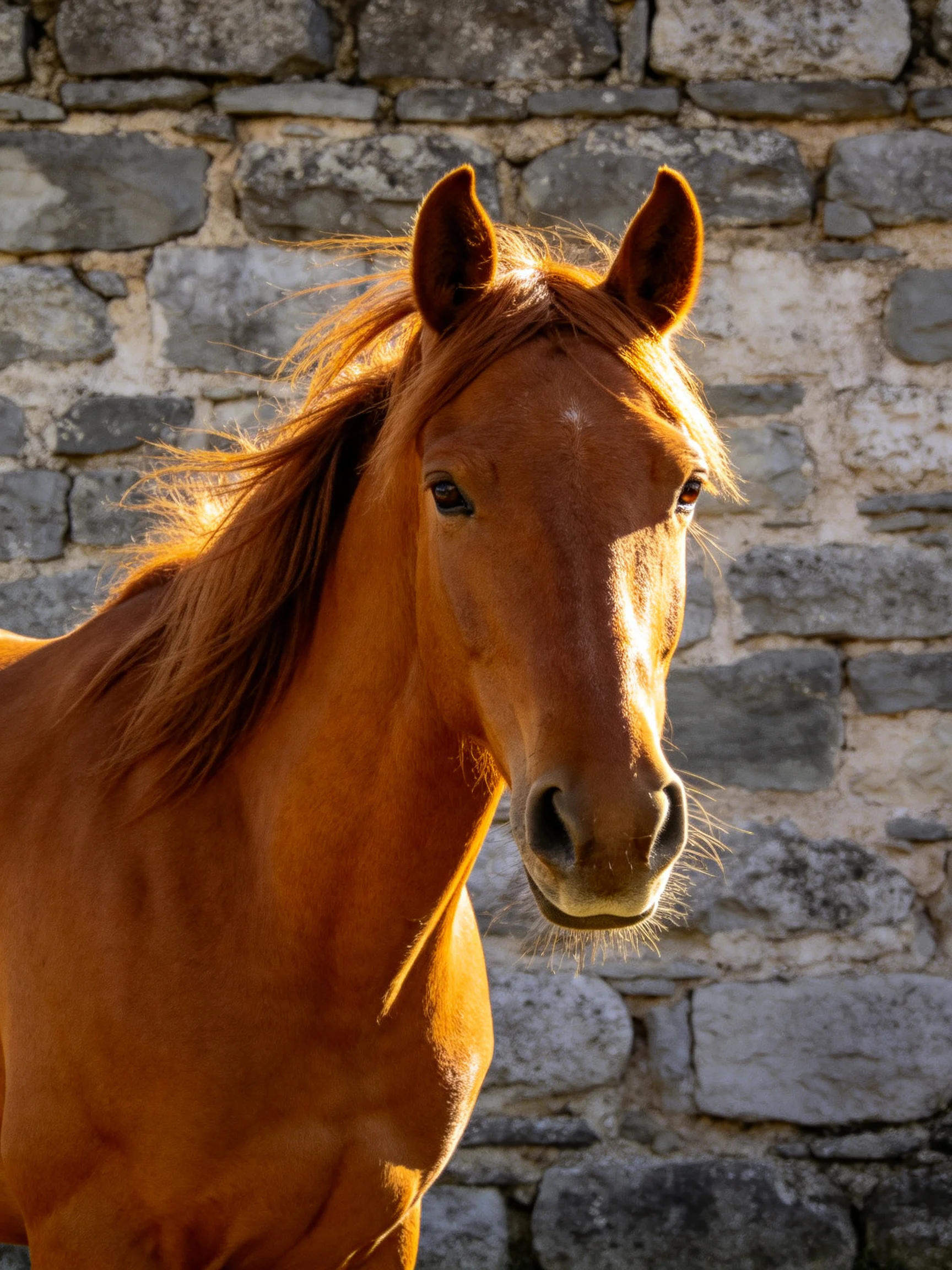 A chestnut horse is positioned near a weathered stone wall.