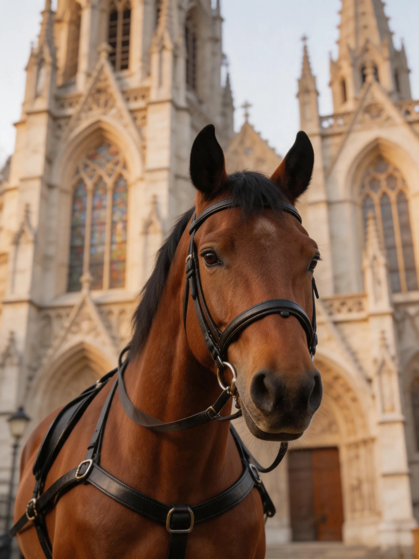 A chestnut horse with harnesses is near a grand Gothic cathedral.