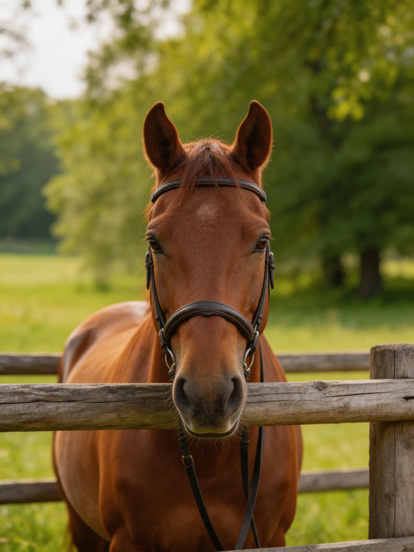 A chestnut horse stands behind a weathered wooden fence in a lush green pasture
