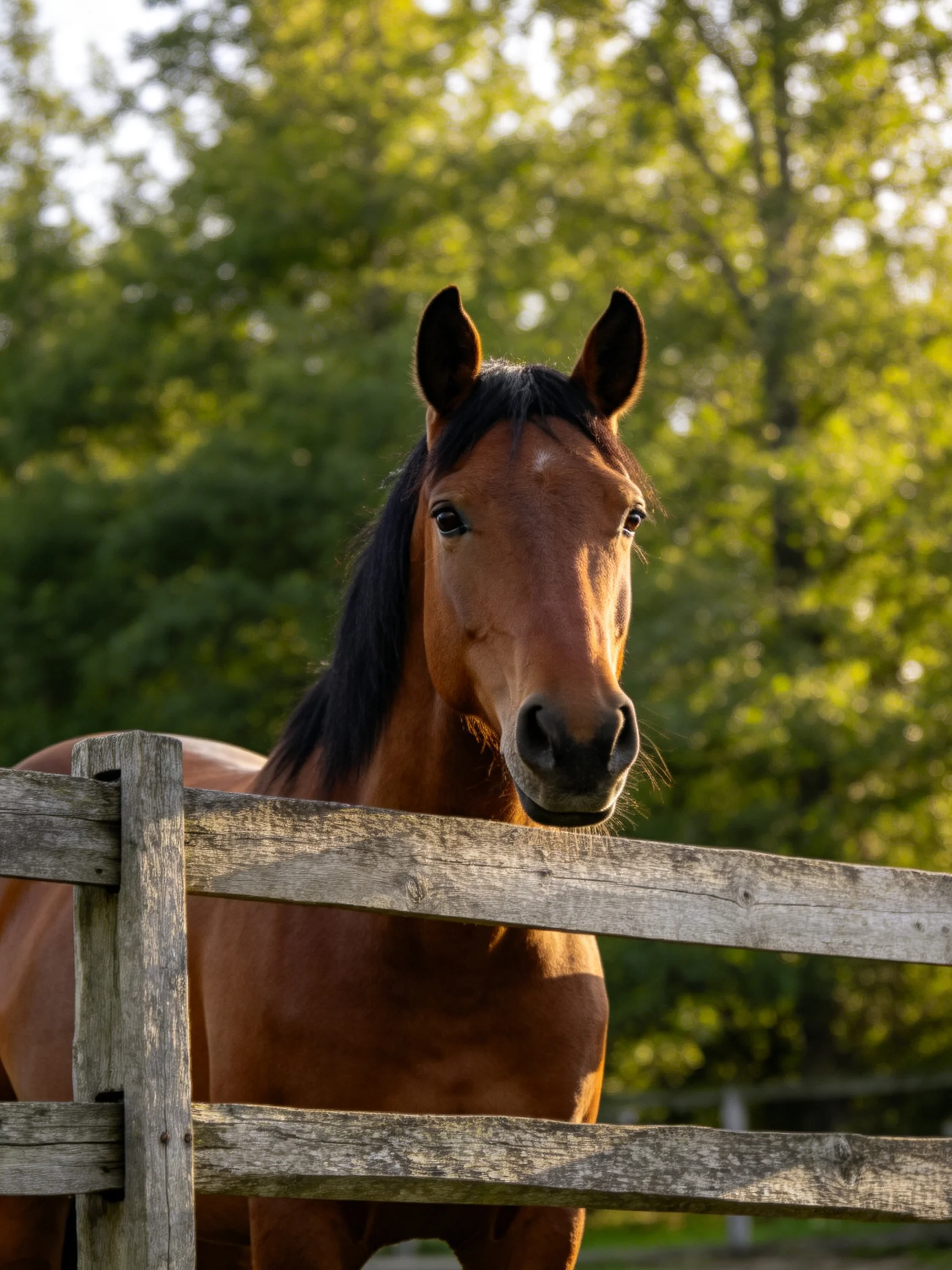 A chestnut horse stands behind a weathered wooden fence near green trees