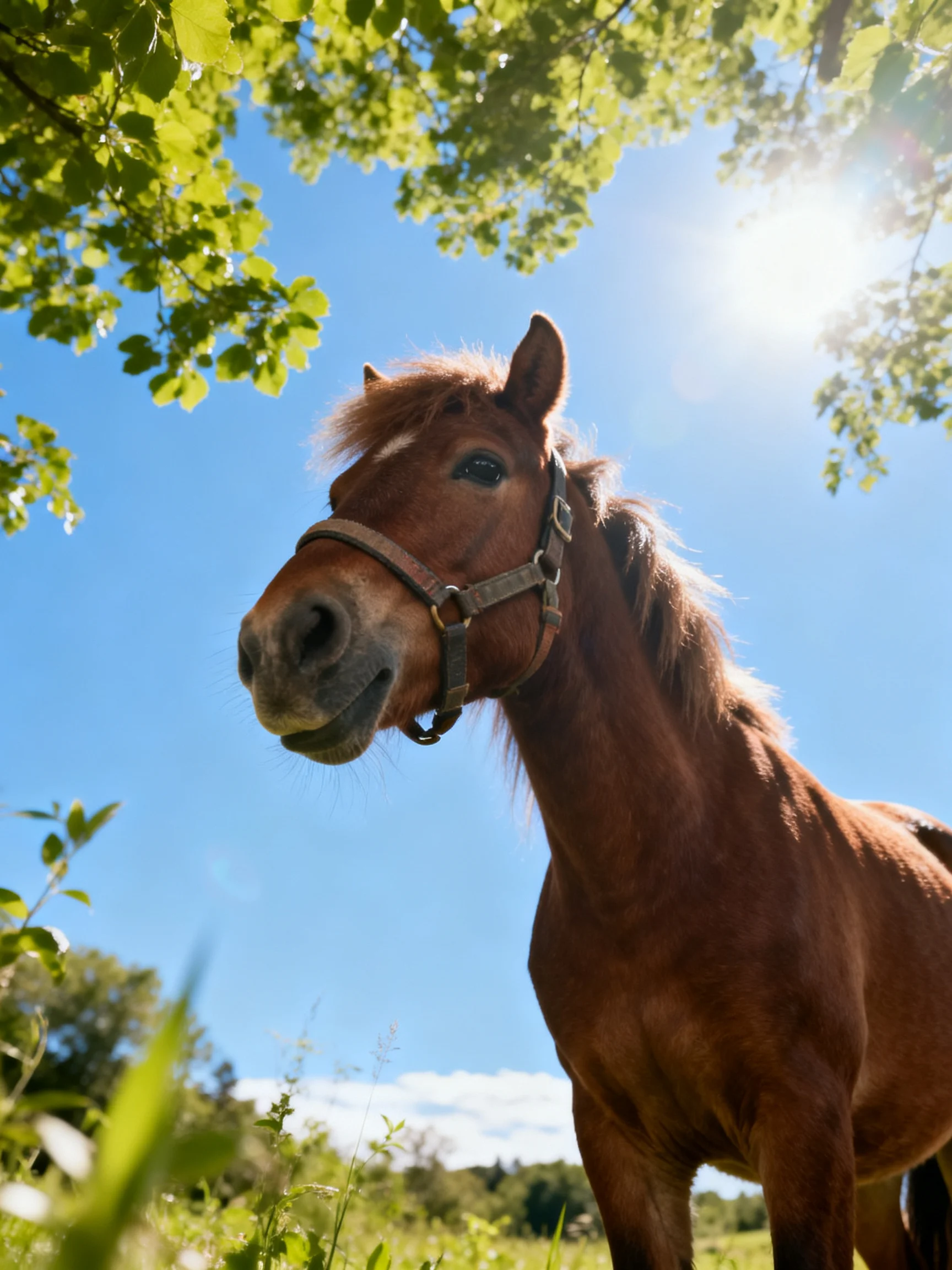 A chestnut horse stands beneath leafy trees on a bright sunny day