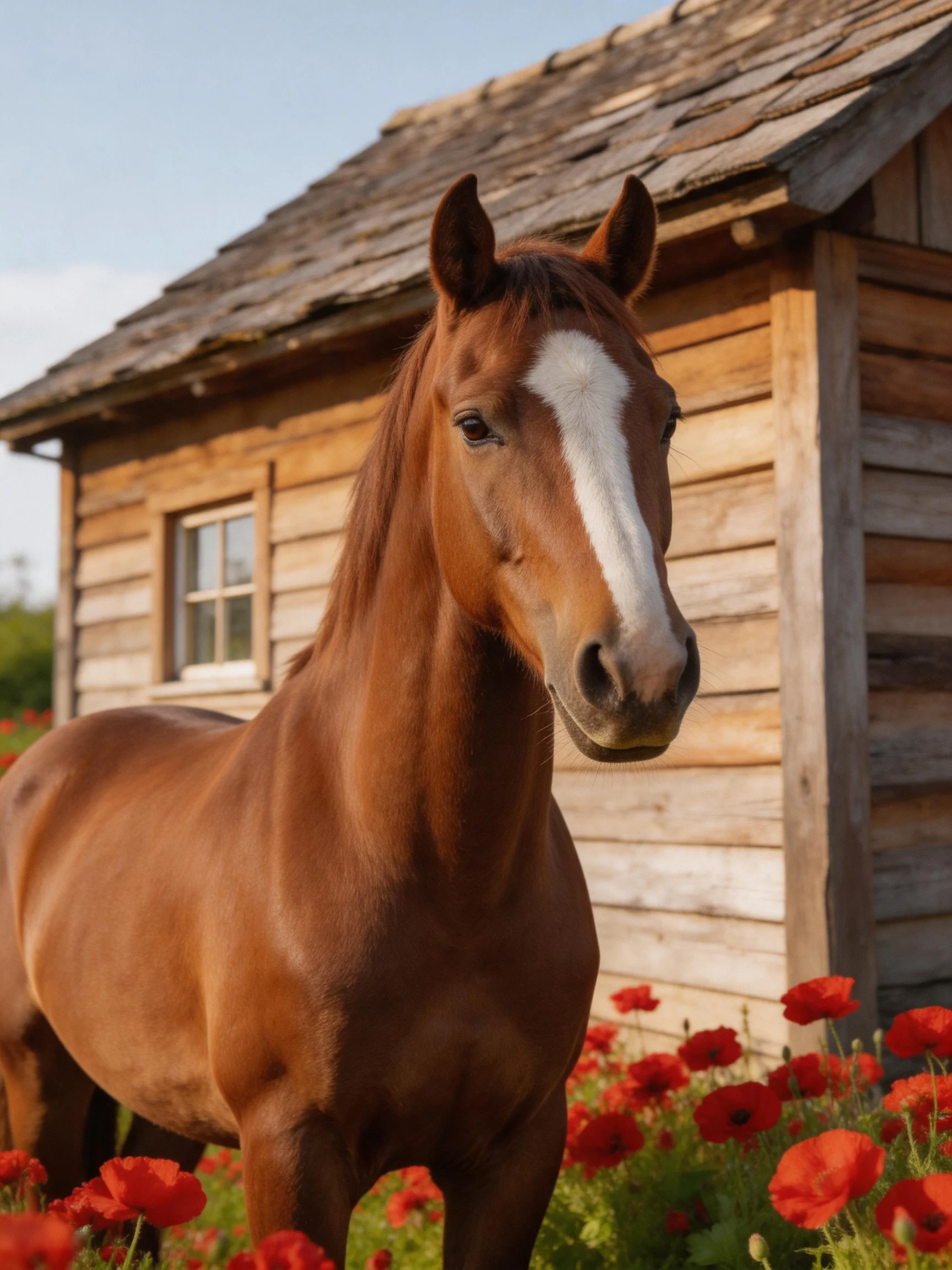A chestnut horse stands near a rustic wooden cabin with red flowers