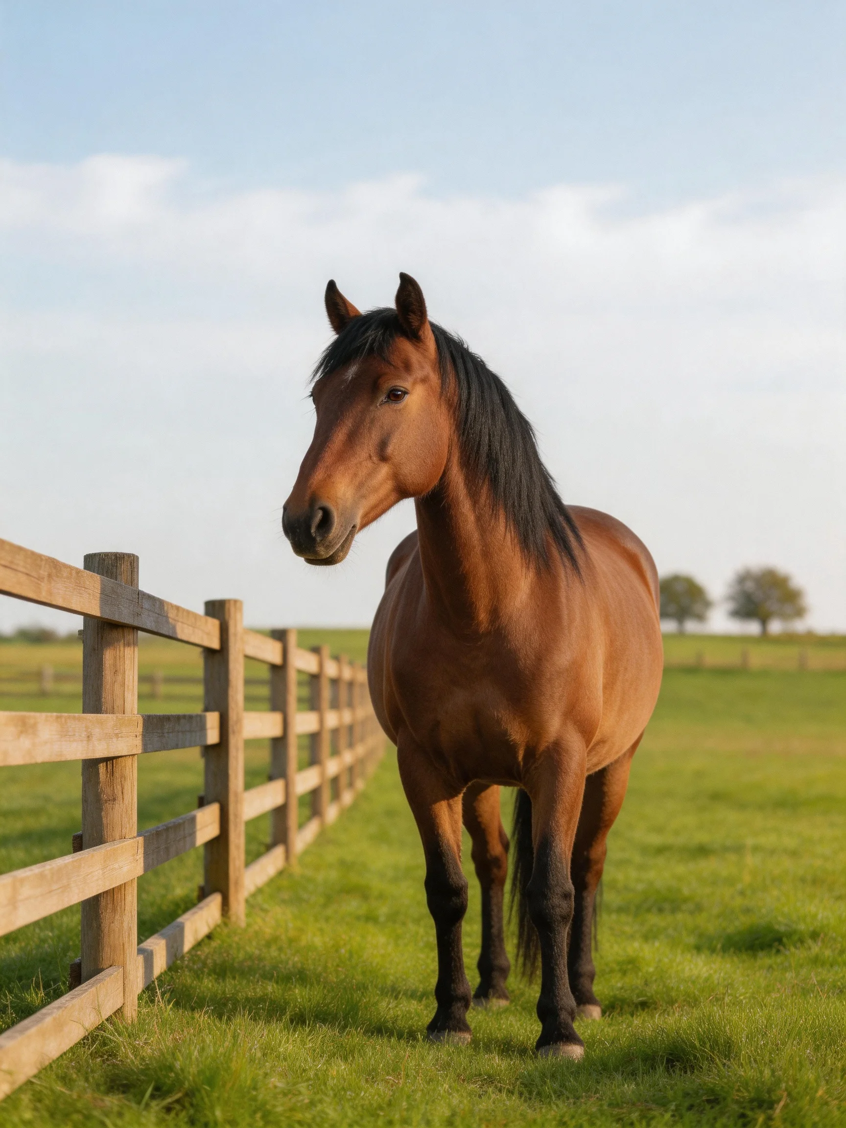 A chestnut horse stands beside a wooden fence in a green pasture