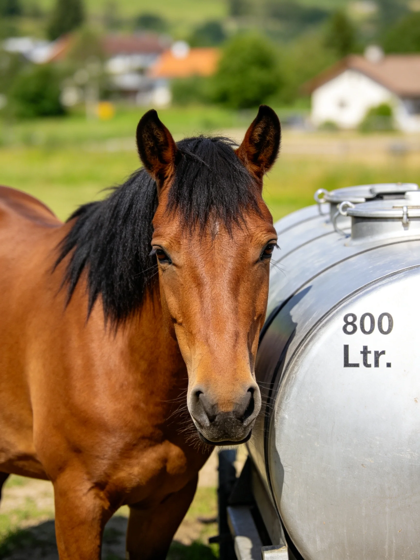 A chestnut horse stands beside an 800-liter metal container outdoors