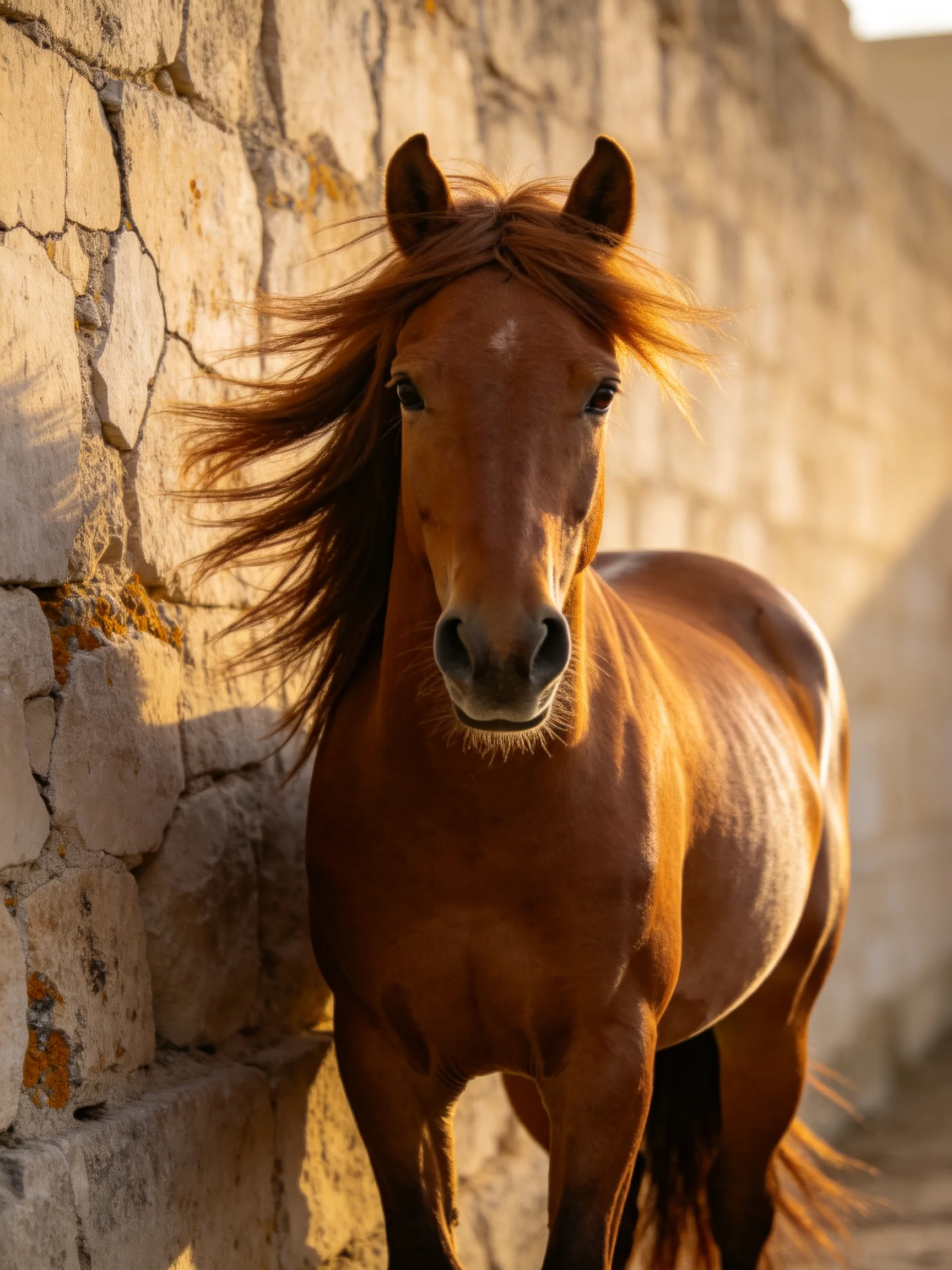 A chestnut horse stands near an old stone wall lit by golden light
