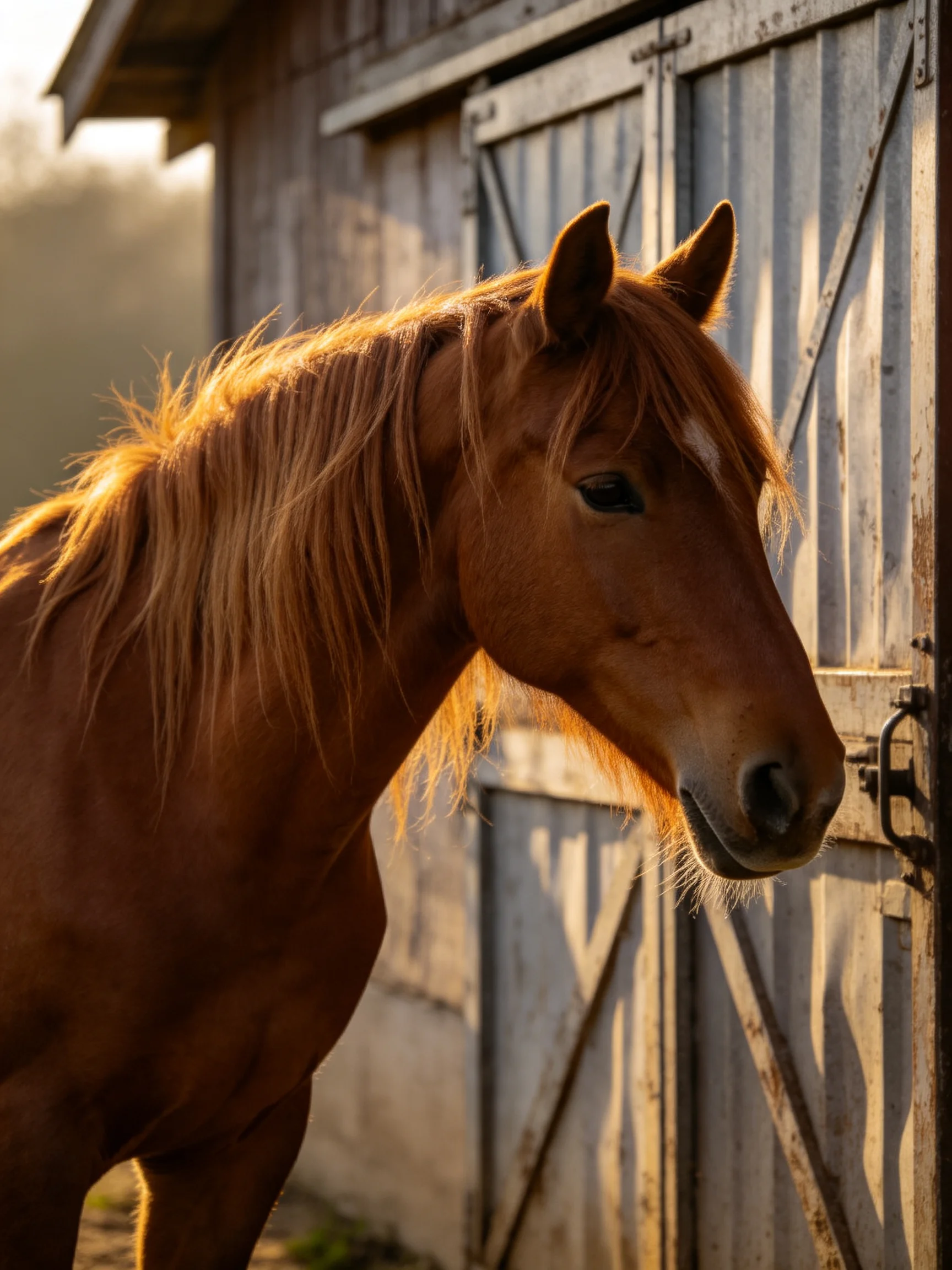 A chestnut horse stands beside an aged wooden barn door in golden light