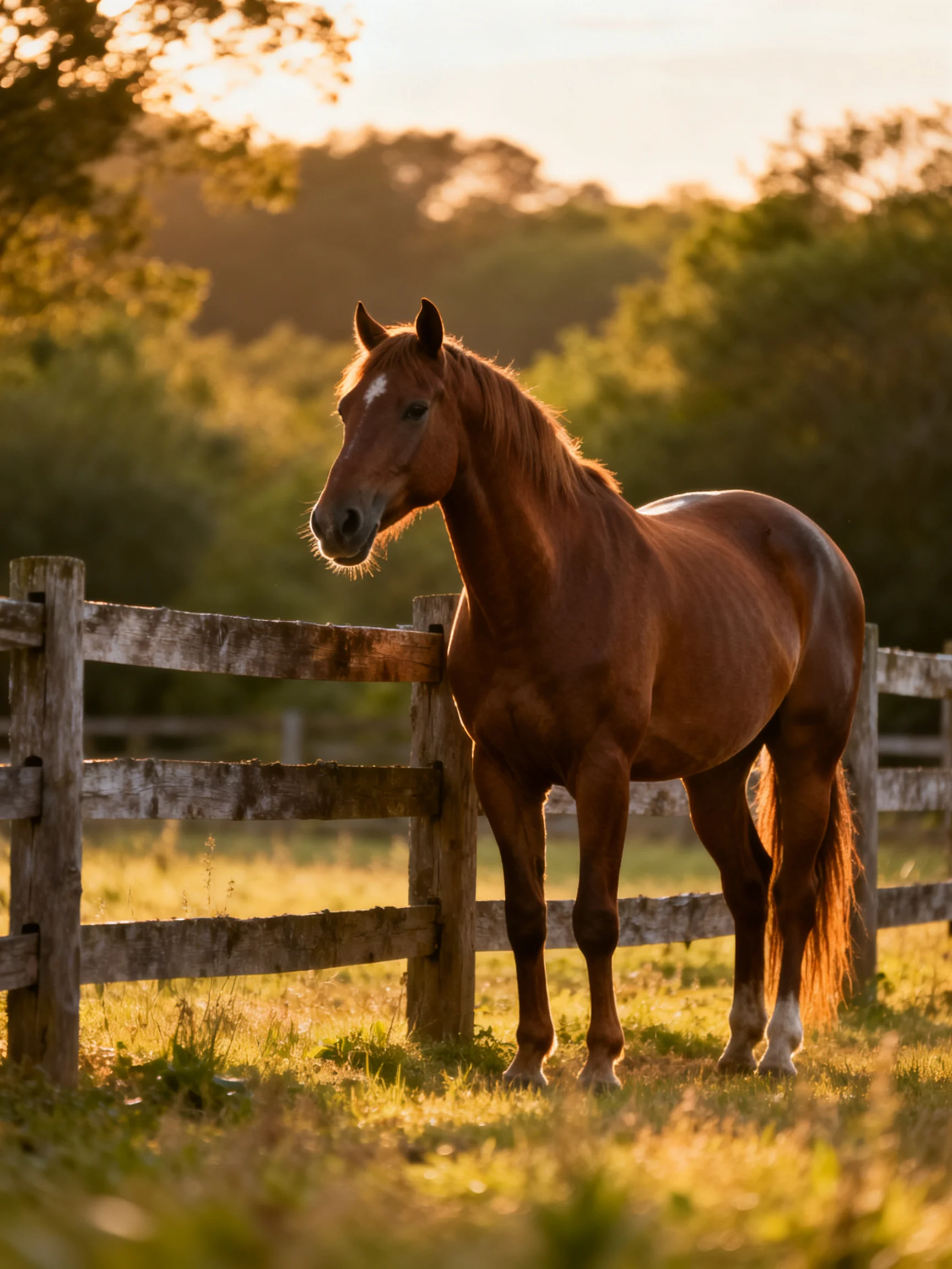 A chestnut horse leans against a wooden fence in a sunlit field during golden hour.