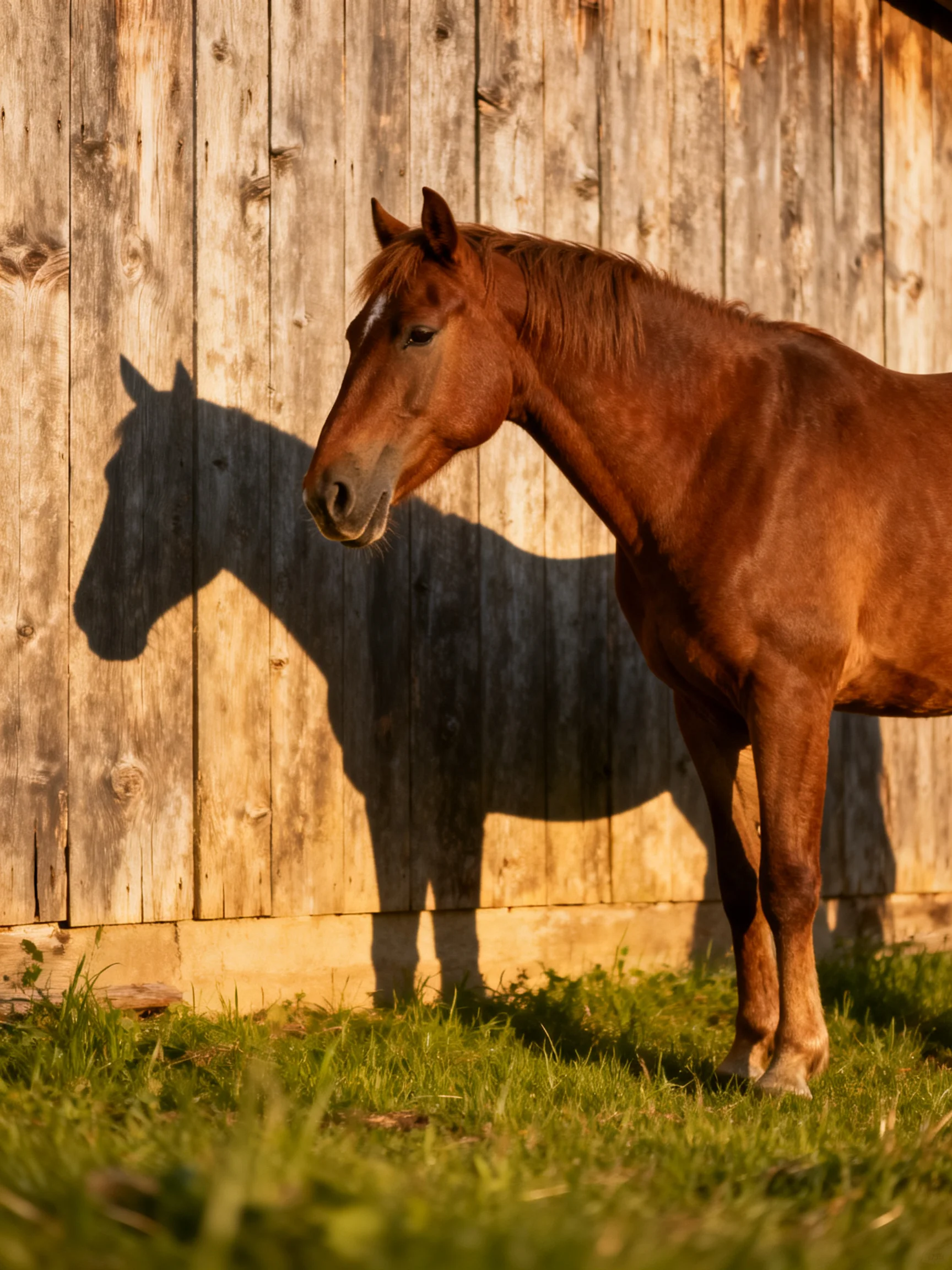 A chestnut horse stands beside an aged wooden fence with a distinct shadow