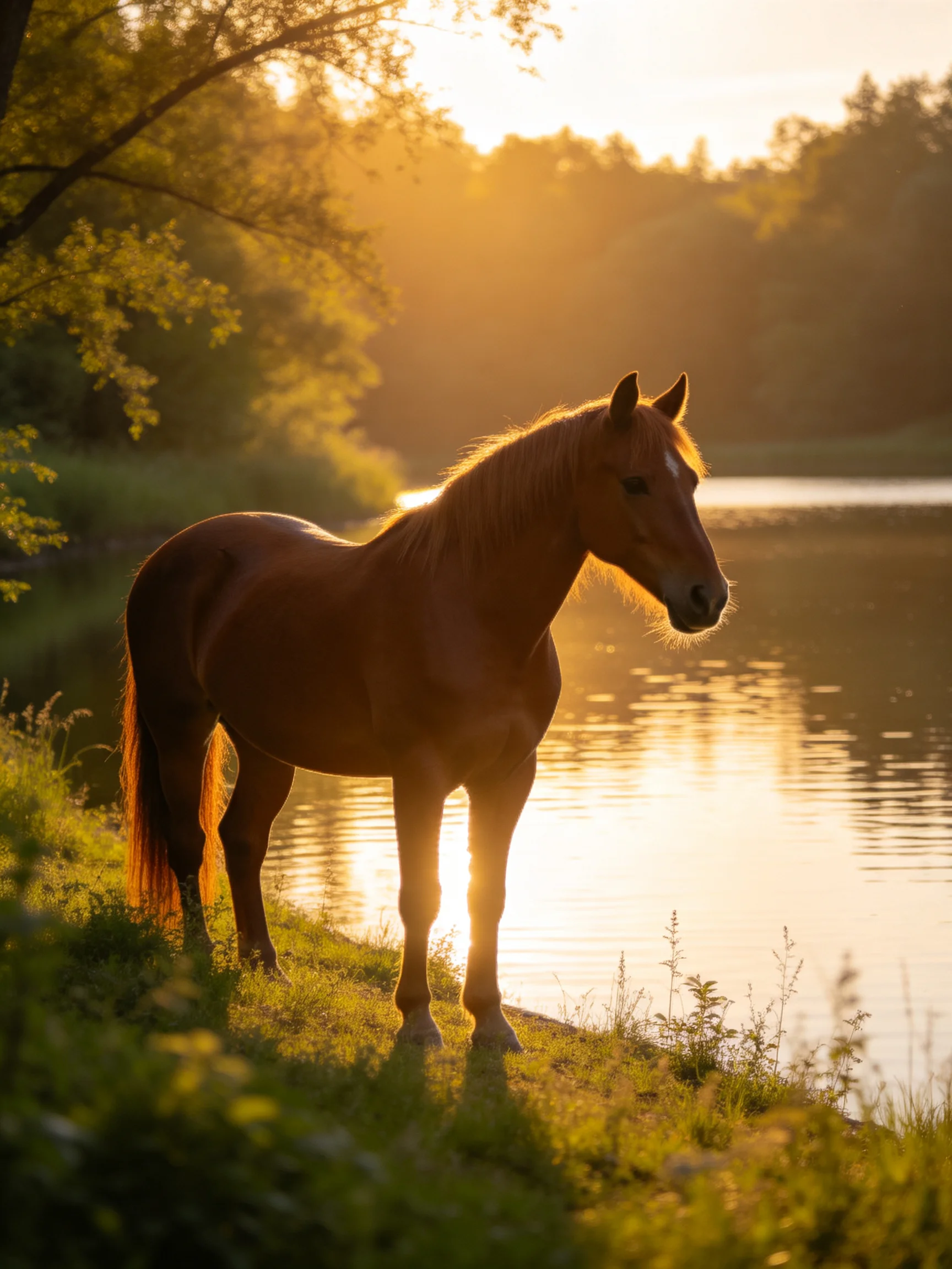 A chestnut horse is positioned by a sunlit riverside in a peaceful natural setting.