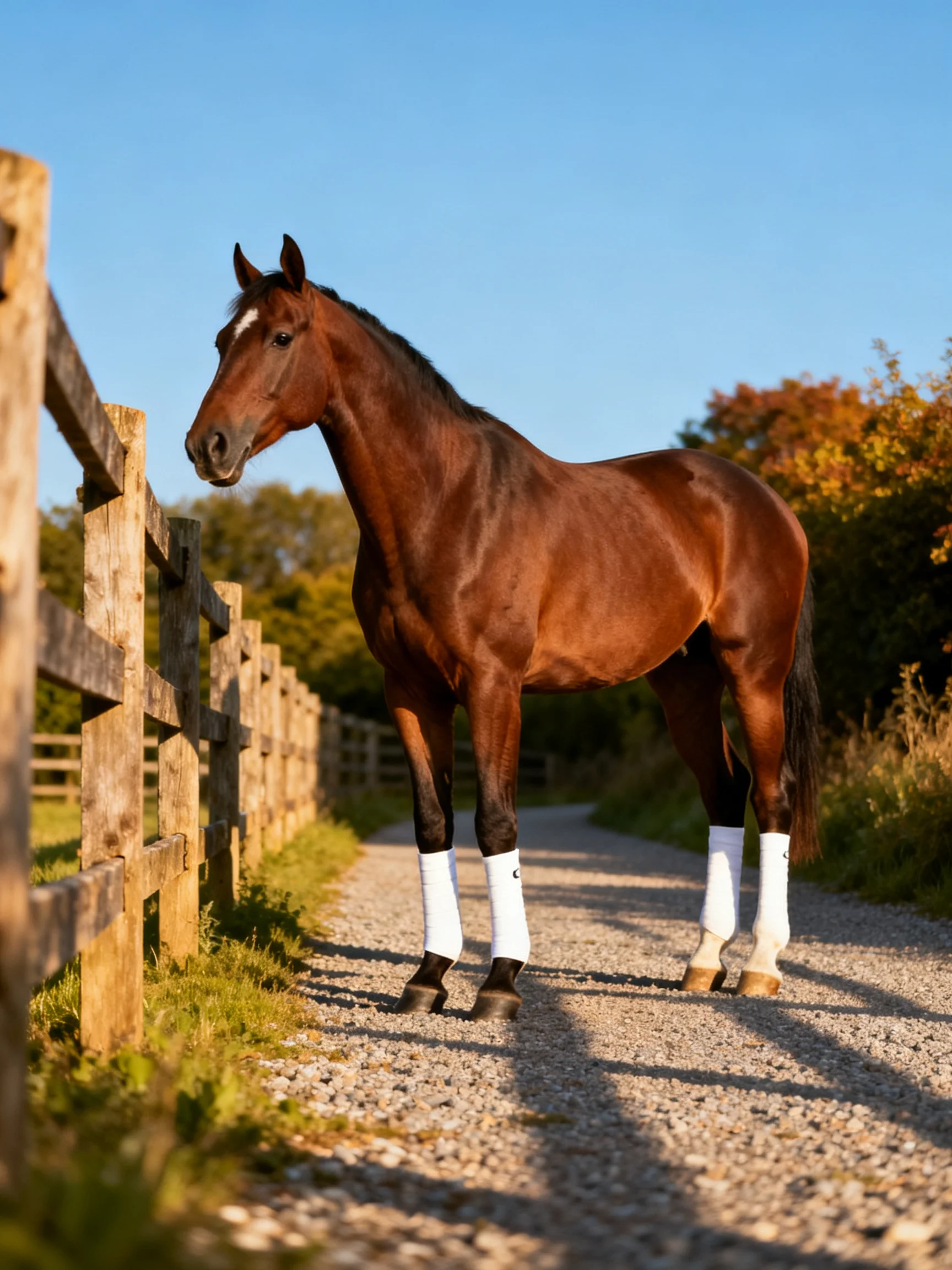 A chestnut horse stands by a wooden fence on a gravel path.