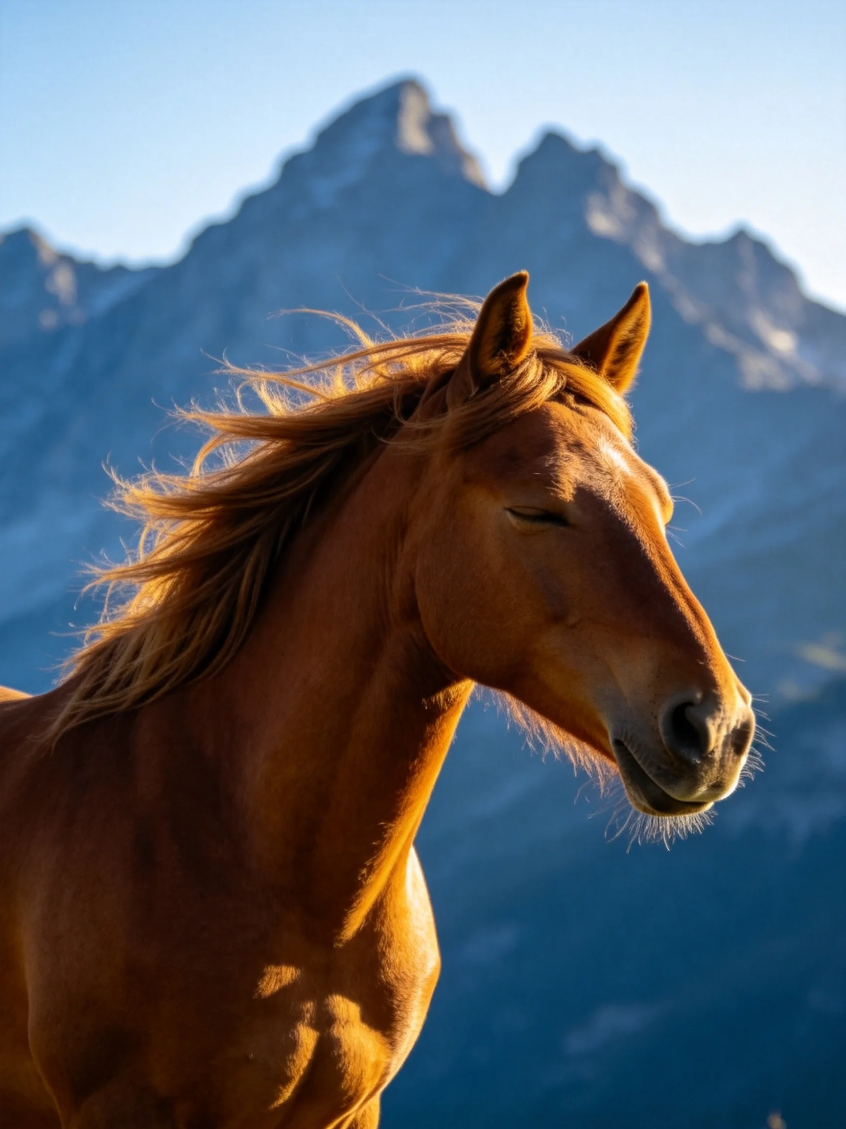 A chestnut horse stands gracefully before majestic blue mountains