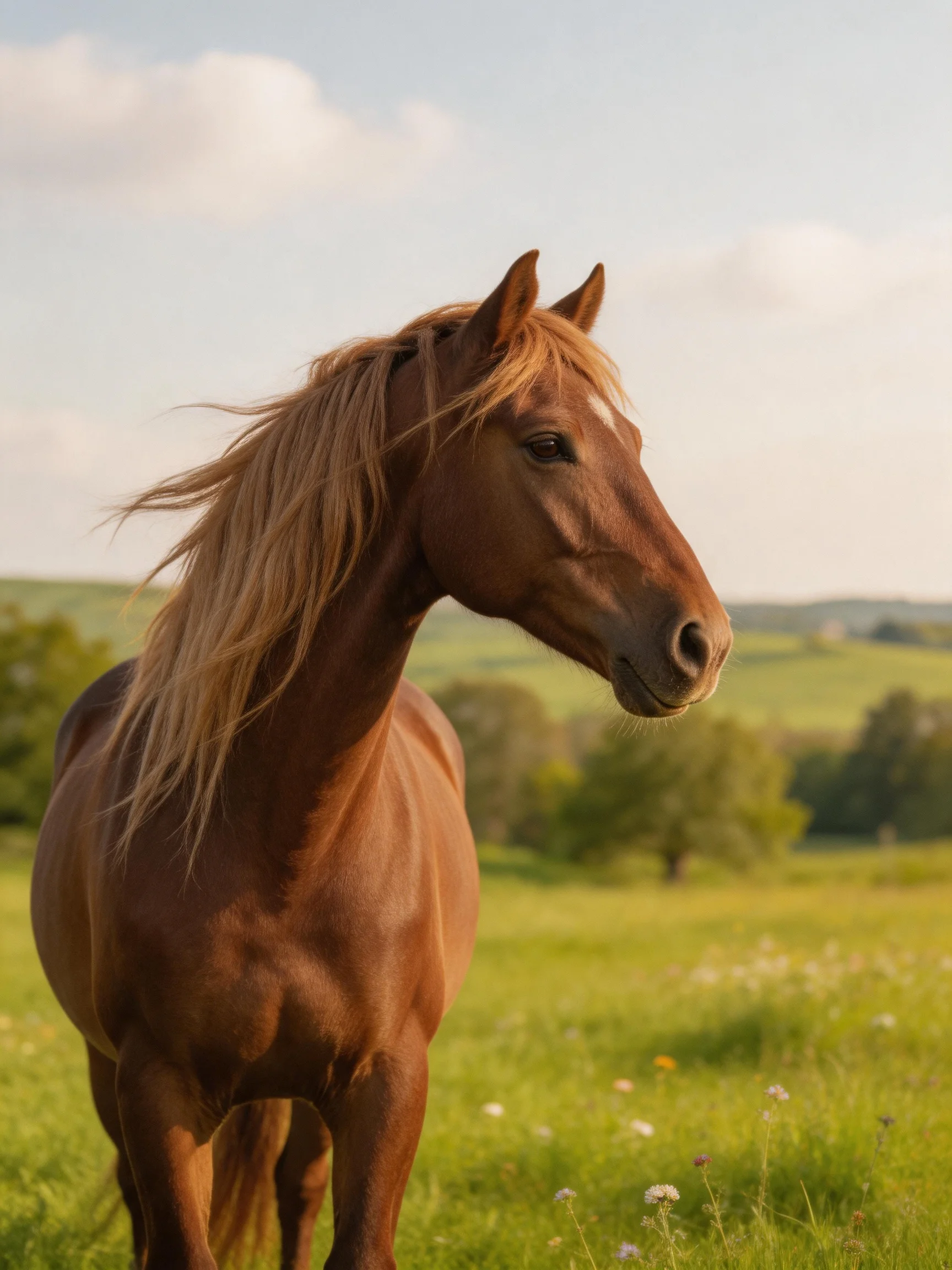 A chestnut horse stands gracefully in a sun-drenched green meadow