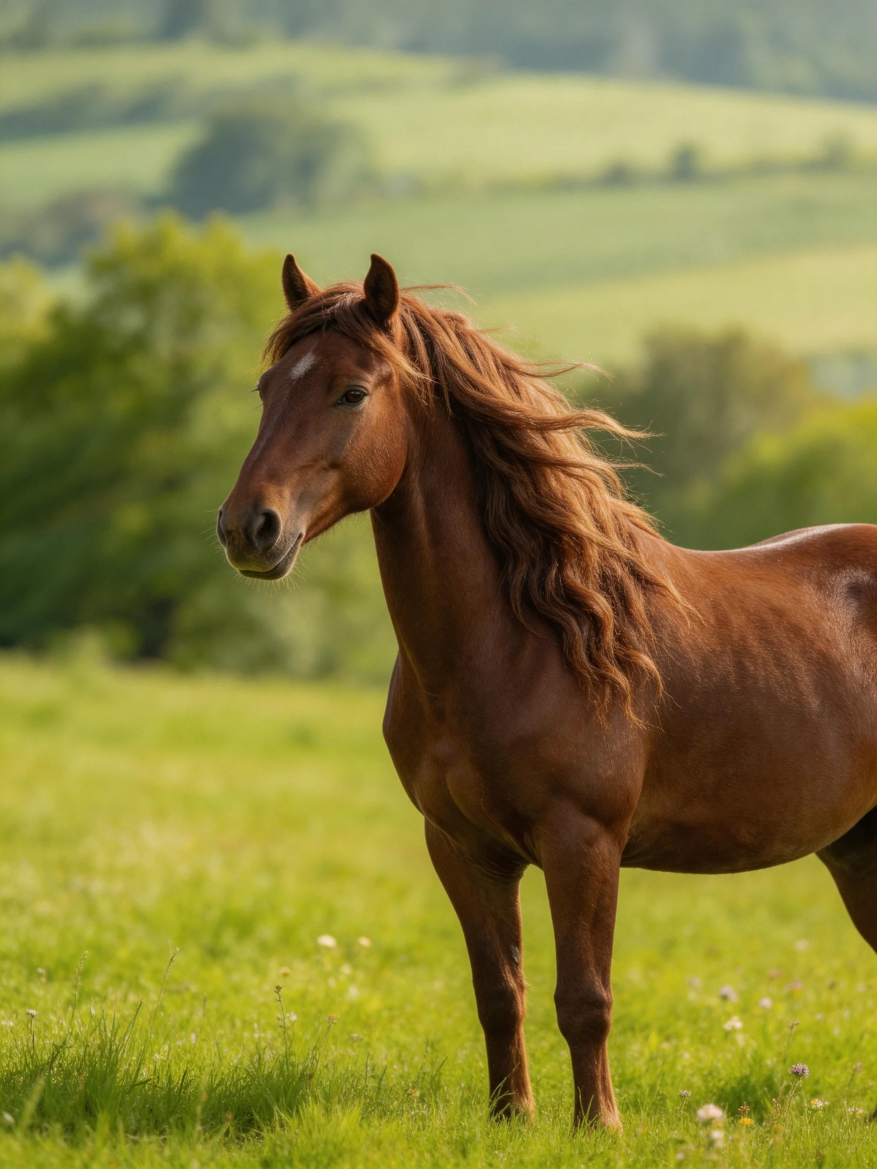A chestnut horse stands gracefully in a sunlit green meadow