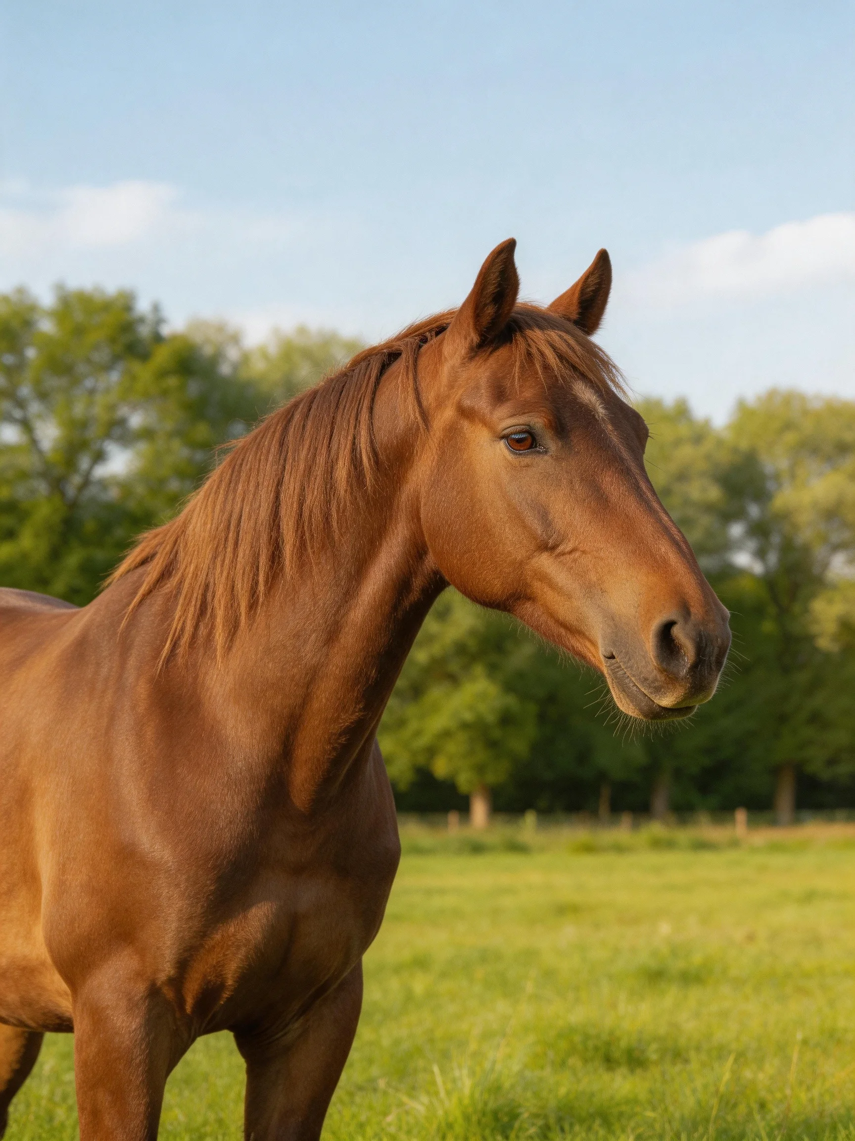 A chestnut horse stands gracefully in a sunlit green pasture surrounded by trees