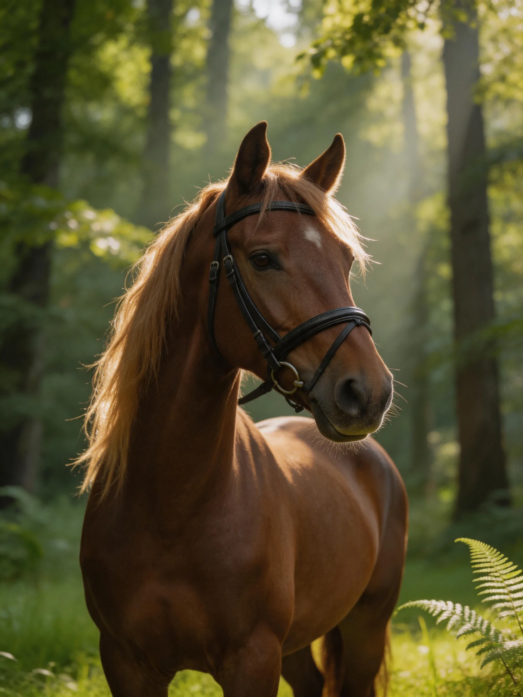 A chestnut horse stands gracefully in sun-dappled forest surroundings