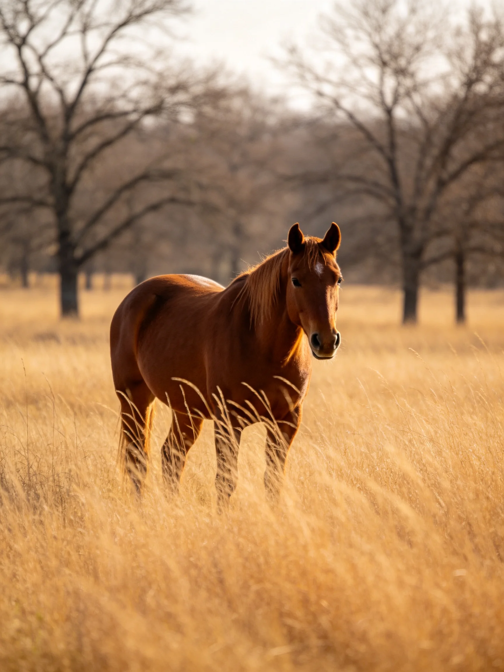 A chestnut horse stands in a field of tall golden grass with bare trees