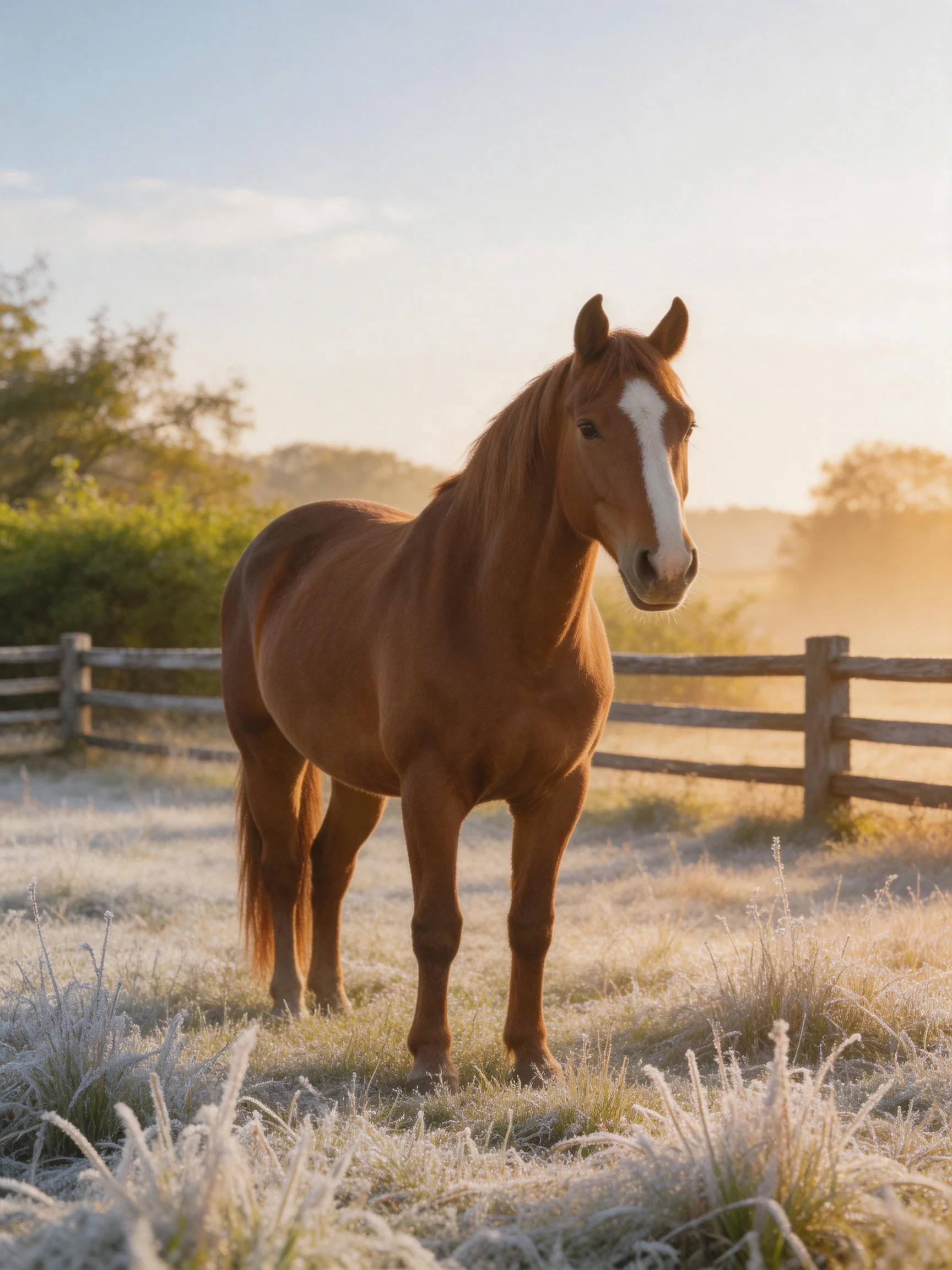 A chestnut horse stands in a frosty field near a wooden fence